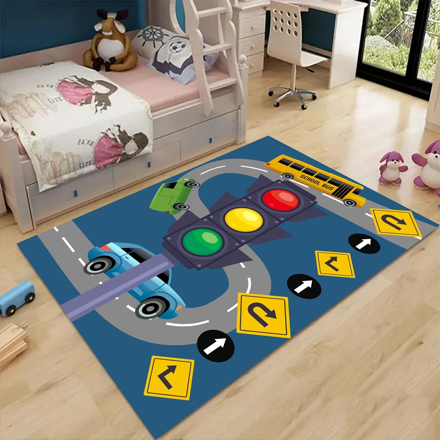 LHOMKCV Alfombra de juegos para niños, 4 x 5 pies, tapete de juego con semáforos de coche de juguete, tapete de juego con señales de tráfico vial,
