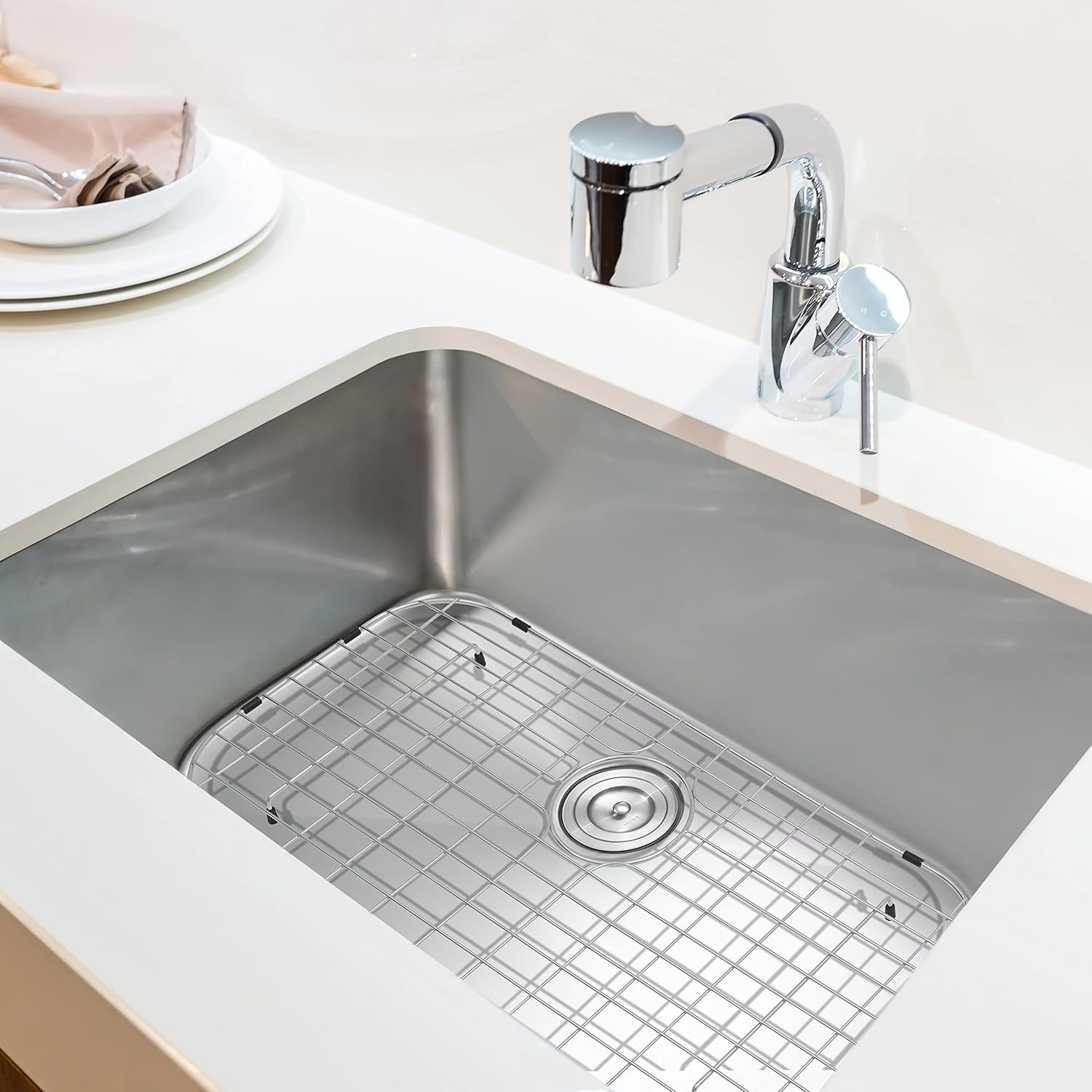 LQS Rejilla para fregadero de cocina, protector de fregadero de 27 916 x 13 916 pulgadas con orificio de drenaje trasero para fregadero individual,