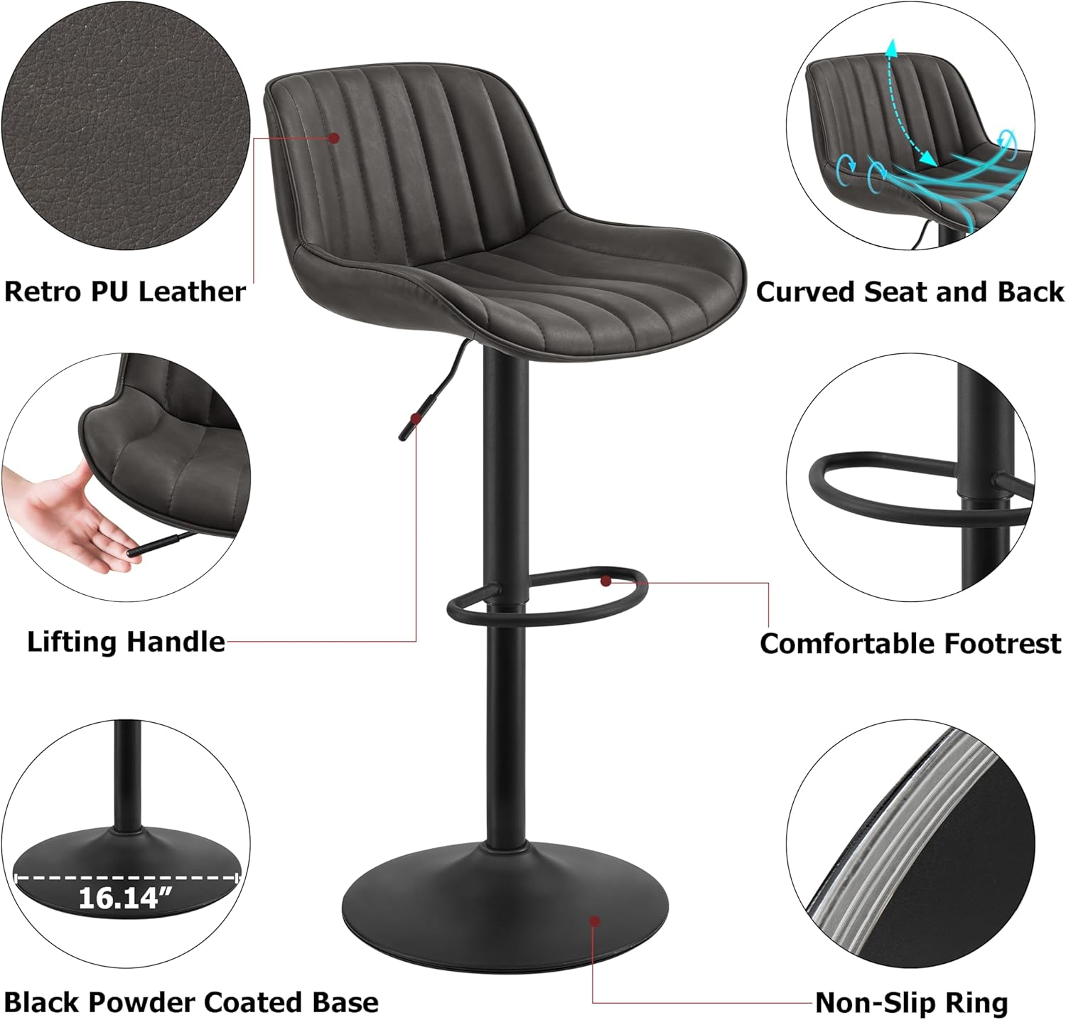 Art Leon Morden – Juego de 2 taburetes de bar de piel sintética con respaldo, silla giratoria ajustable para el hogar, cocina, isla pub, base con