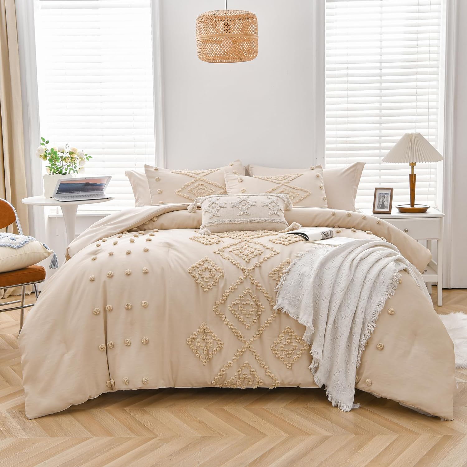 MEILA Juego de edredón beige tamaño Queen  7 piezas, cama en una bolsa con juego de edredón alternativo acolchado esponjoso para todas las