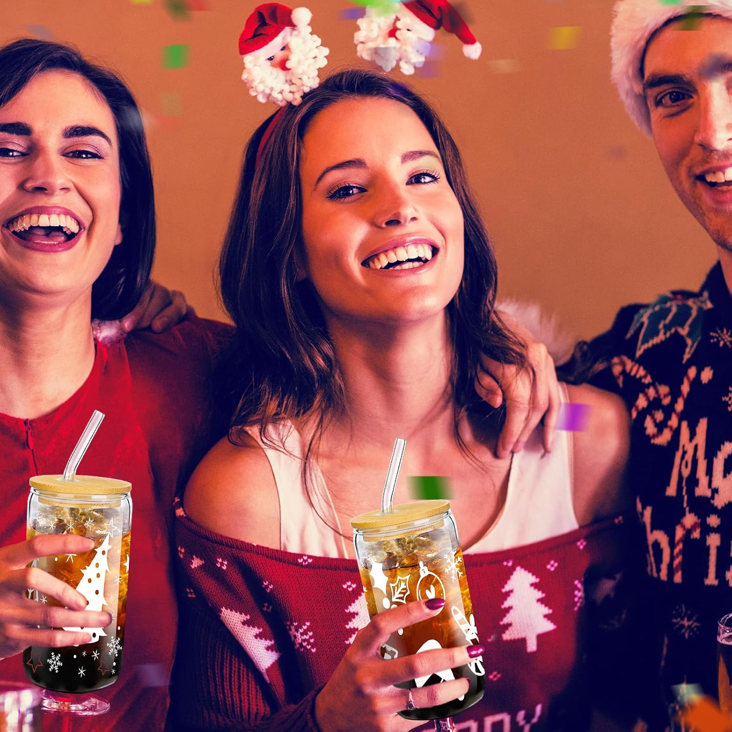 Umigy Paquete de 12 vasos de Navidad de 16 onzas, tarros de Navidad con tapas y pajitas, vasos de Navidad, vasos con forma de lata de cerveza, tazas