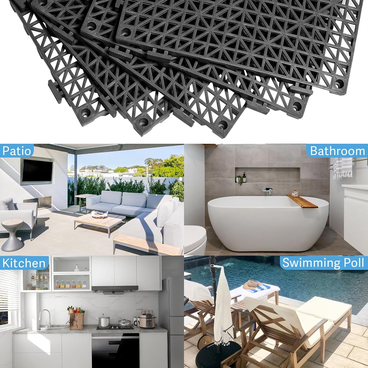 Azulejos de drenaje entrelazados de 12 x 12 pulgadas, paquete de 12 azulejos de drenaje antideslizantes para pisos, tapetes modulares de empalme de