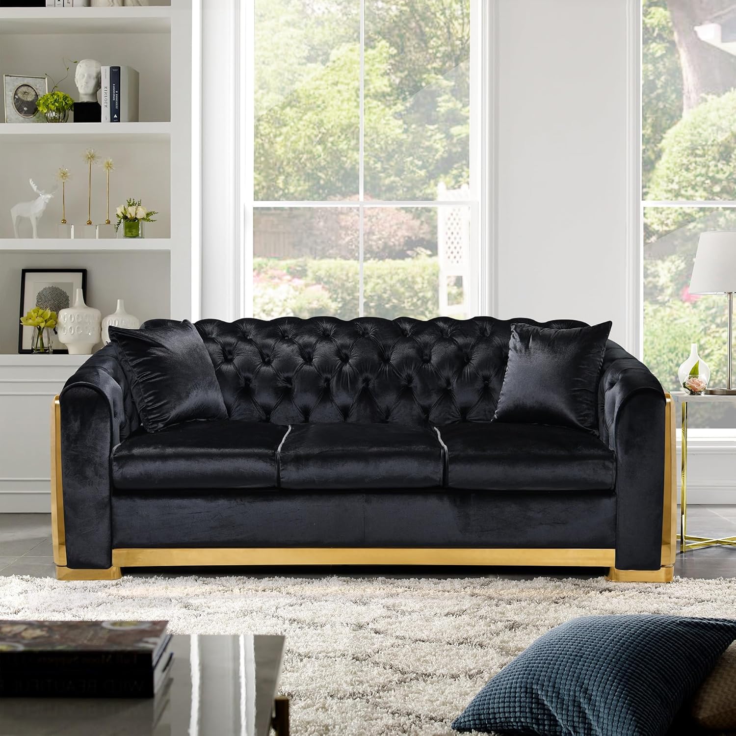 Anwick Sofá Chesterfield de terciopelo clásico de 3 plazas, sofá tapizado moderno con respaldo copetudo y dos almohadas para sala de estar y oficina