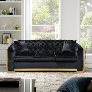 Anwick Sofá Chesterfield de terciopelo clásico de 3 plazas, sofá tapizado moderno con respaldo copetudo y dos almohadas para sala de estar y oficina Anwick Sofá Chesterfield de terciopelo clásico de 3 plazas, sofá tapizado moderno con respaldo copetudo y dos almohadas para sala de estar y oficina
