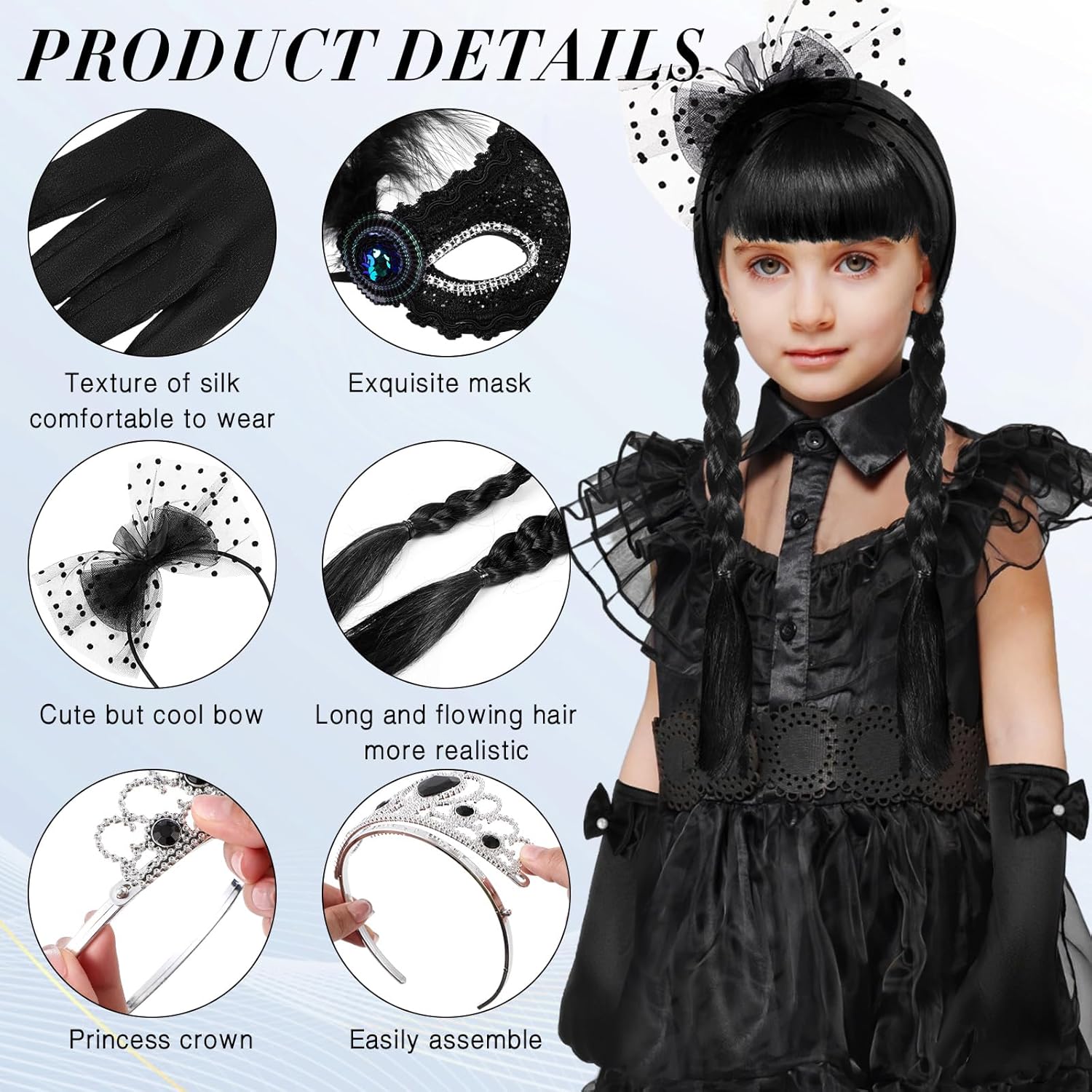 Yuxung Disfraz de peluca negra para niñas, disfraces de Halloween para niños y niñas, conjunto de accesorios de disfraz negro para niños (elegante)