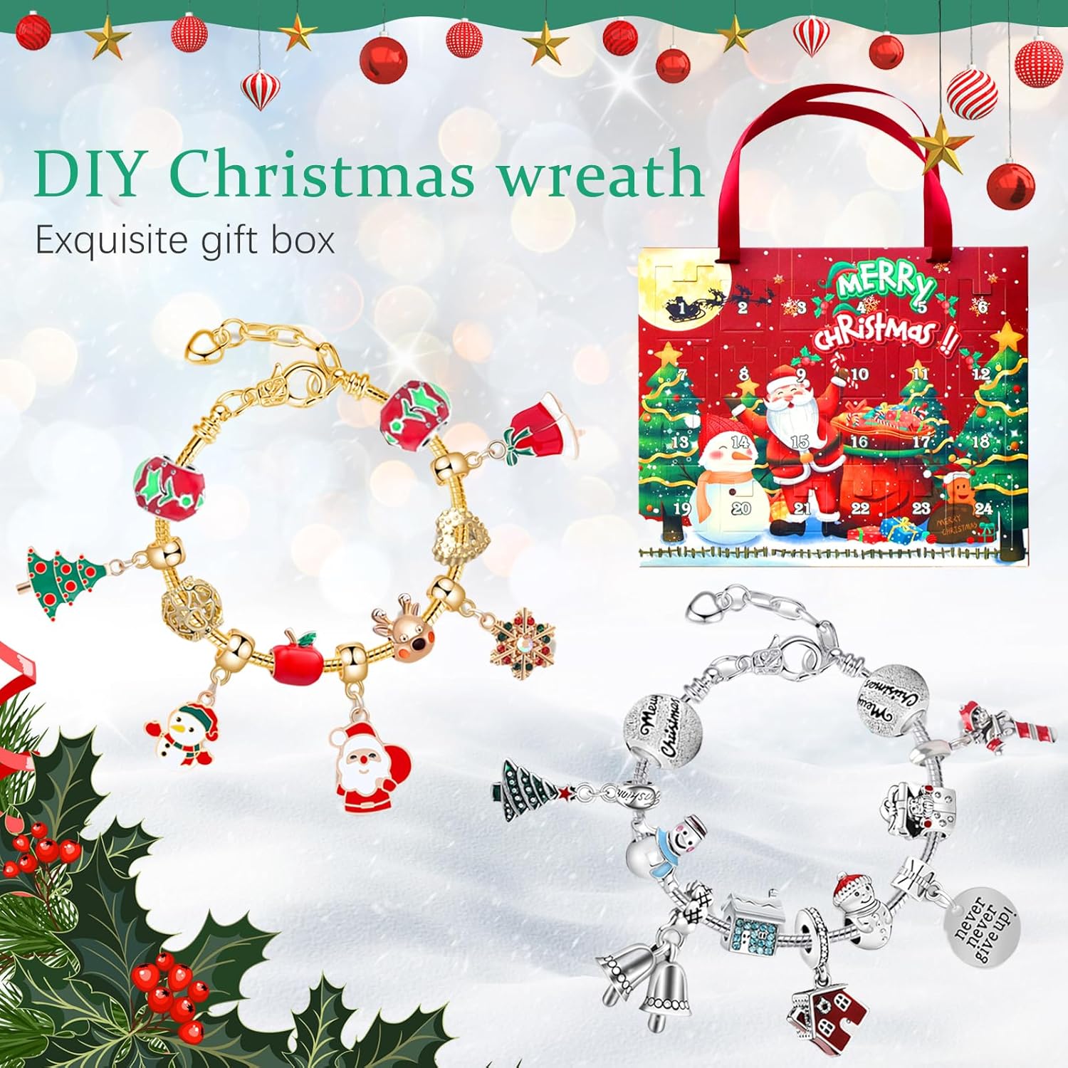 Pulseras de calendario de Adviento de Navidad 2023 para niñas, calendario de cuenta regresiva de Navidad de 24 días, kit de fabricación de joyas,