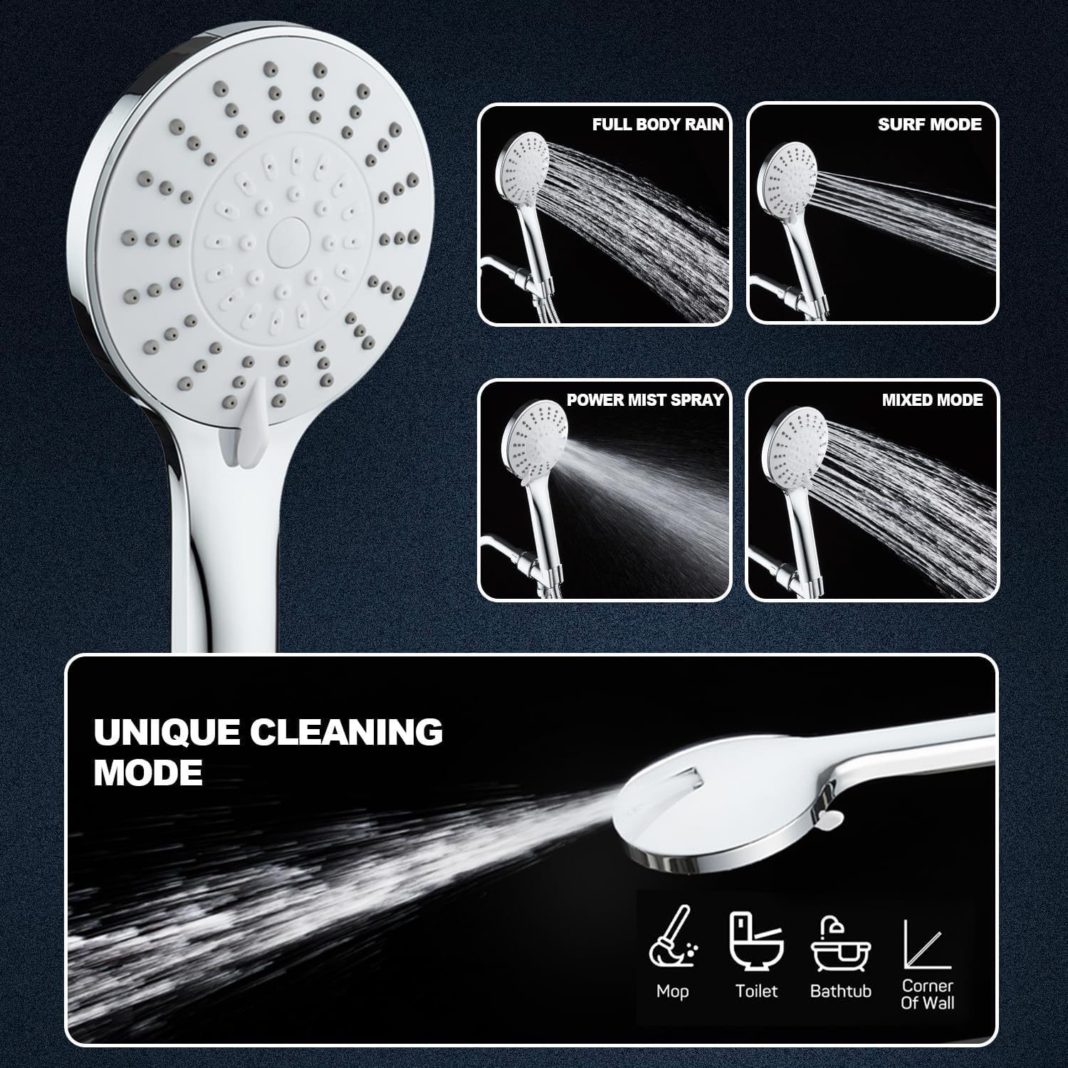 Ducha de mano de alta presión potente 5 modos de pulverización ahorro de agua ángulos ajustables 6.6 pies manguera de acero inoxidable cabezal de