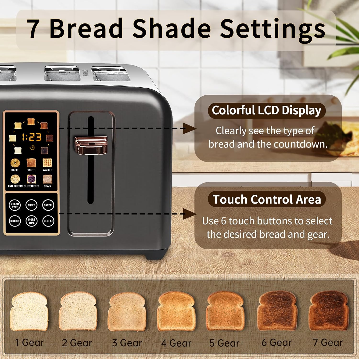 SEEDEEM Tostadora de 4 rebanadas, pantalla LCD de acero inoxidable y botón táctil, 6 selección de pan, 7 ajustes de sombra, tostadora de ranuras de