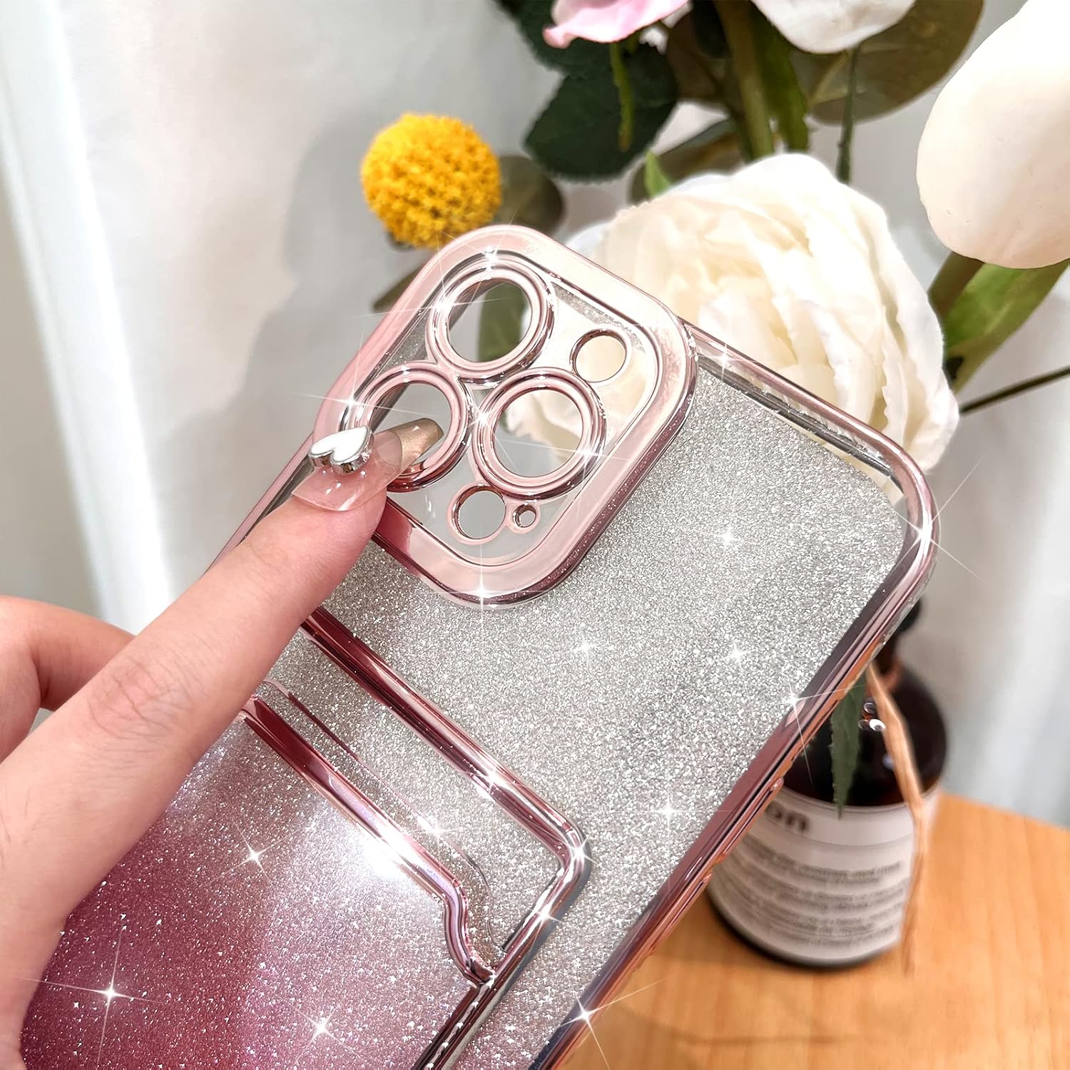 MZELQ Funda brillante chapada para iPhone 14 Pro Max, funda con purpurina degradada para tarjetero, protección de la cámara + 1 protector de
