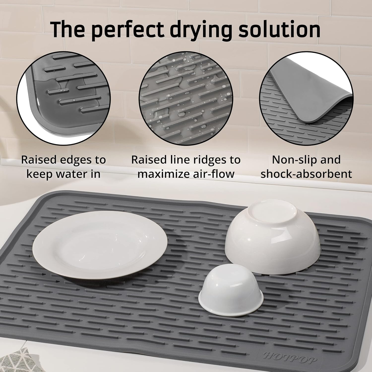 HOTPOP Tapete de secado de platos de silicona gris XXL de 24 x 18 pulgadas y salvamanteles grandes, apto para lavavajillas, resistente al calor,