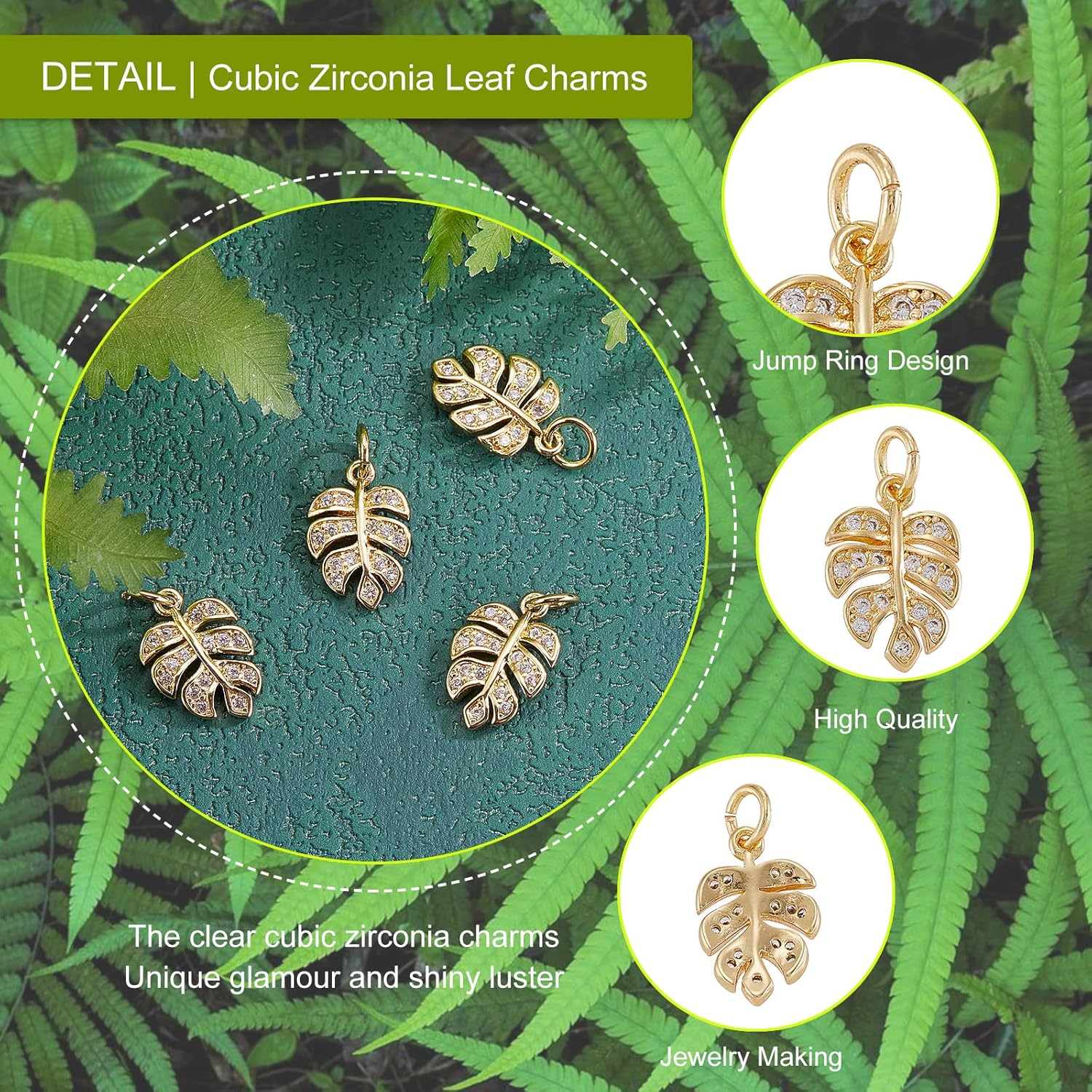 DanLingJewelry 10 dijes de latón de circonita cúbica con diamantes de imitación de hoja de Monstera para hacer joyas, gargantilla, colgante pequeño
