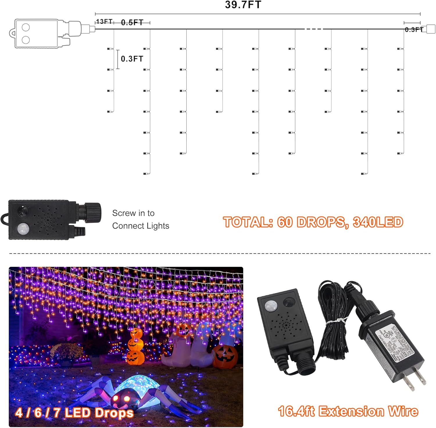 Luces de carámbano de Halloween con función de detección de movimiento de música Spook – 340 LED de 29 pies de longitud de cortina de luces púrpura