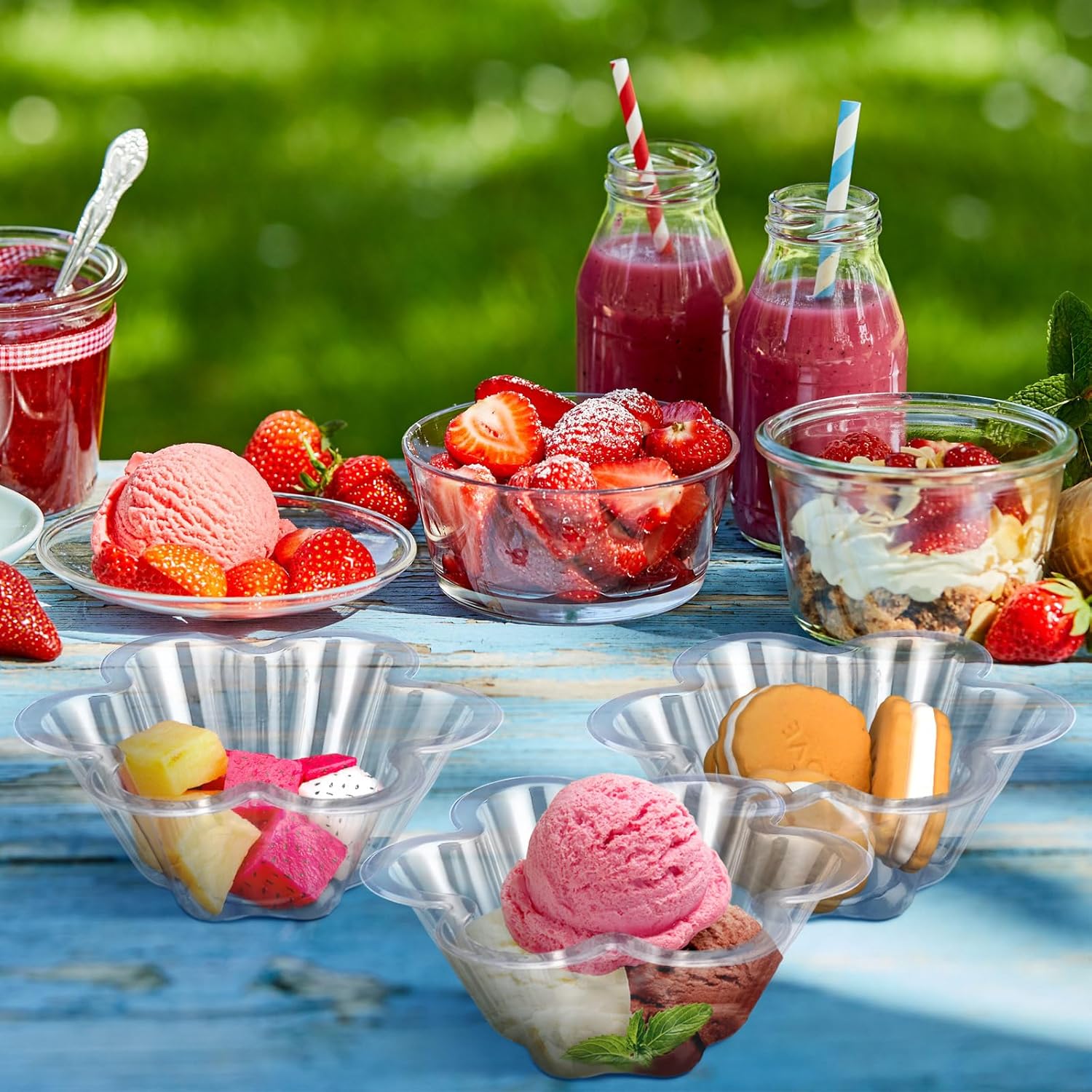 Sratte 300 cuencos de plástico para helado, taza de helado desechable en forma de flor, taza de helado transparente de 8.5 onzas, recipientes de