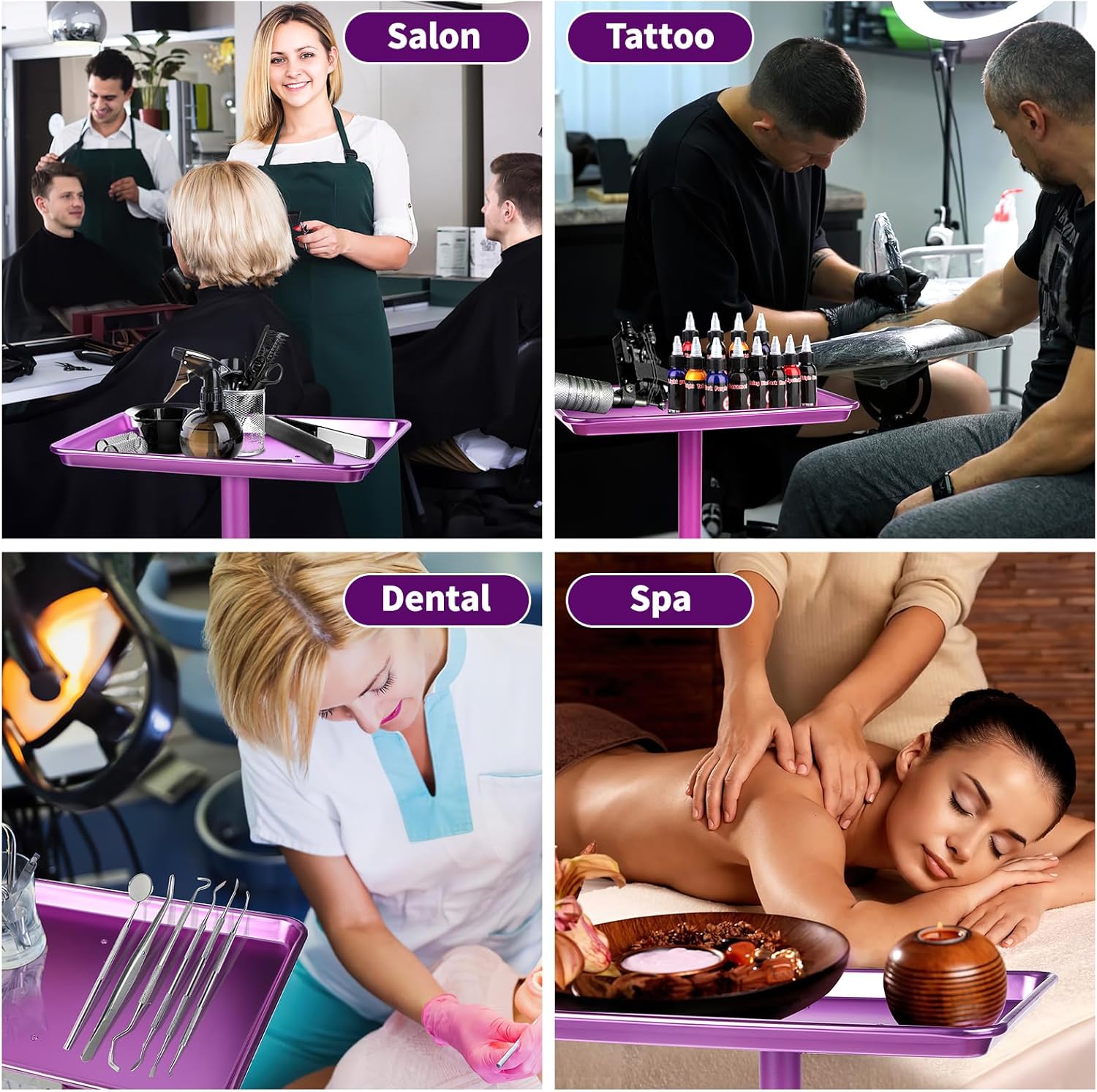 Wuissvnb Salon Tray, Salon Tray on Wheels, Premium Aluminum Salon Tray, Hair Stylist Tray, Tattoo Tray, Height Adjustable Salon Service Tray(Purple)