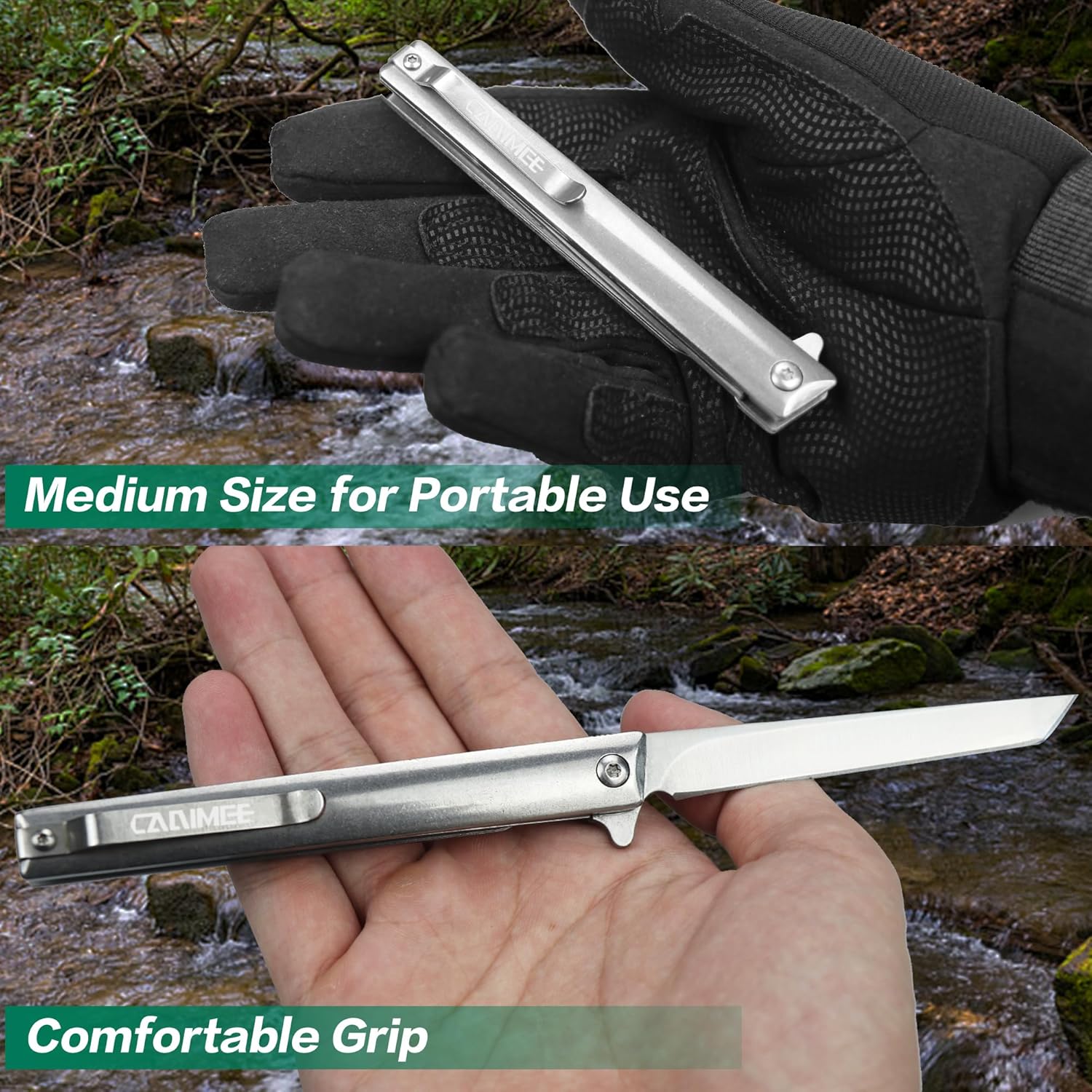 Carimee Cuchillo plegable de bolsillo, hoja de acero D2, clip de bolsillo, funda de cuero, cuchillo delgado EDC para caballero para acampar al aire