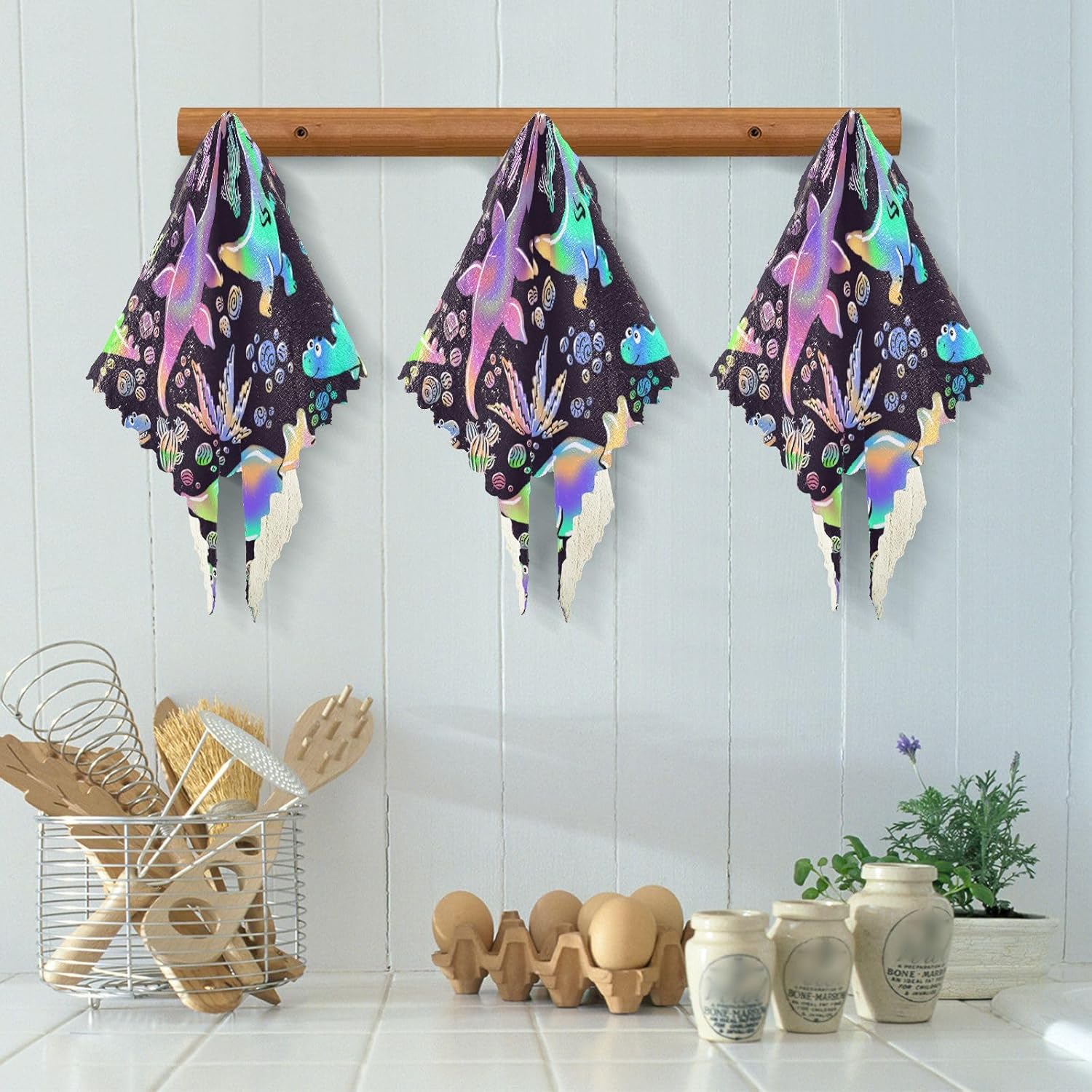 Neon Dinosaurs Kawaii Soft Print Microfiber Dish Towels Absorbent 6 Pack Kitchen Accessories for Cooking for Restaurant Sink