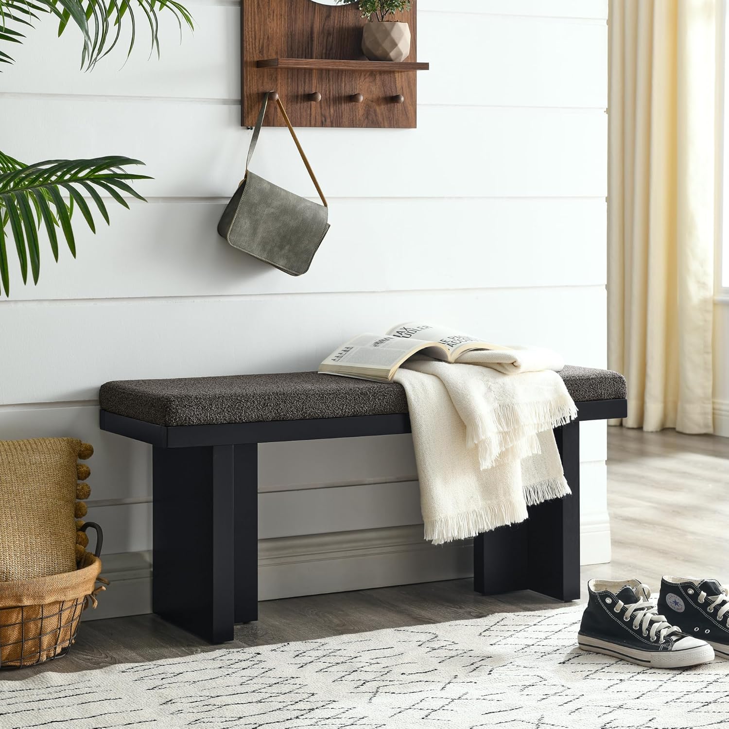 Banco acolchado para dormitorio, hecho de madera de goma resistente, esponja de lino, perfecto para salas de estar, dormitorios y pasillos modernos