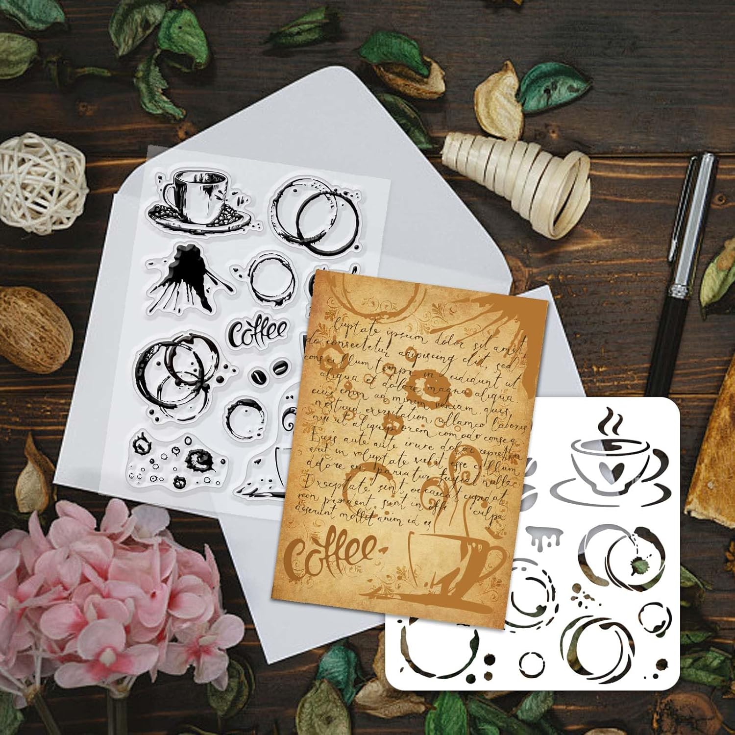 GLOBLELAND Juego de sellos y troqueles transparentes para salpicaduras de café y troqueles para hacer tarjetas, plantillas de PET para decoración de
