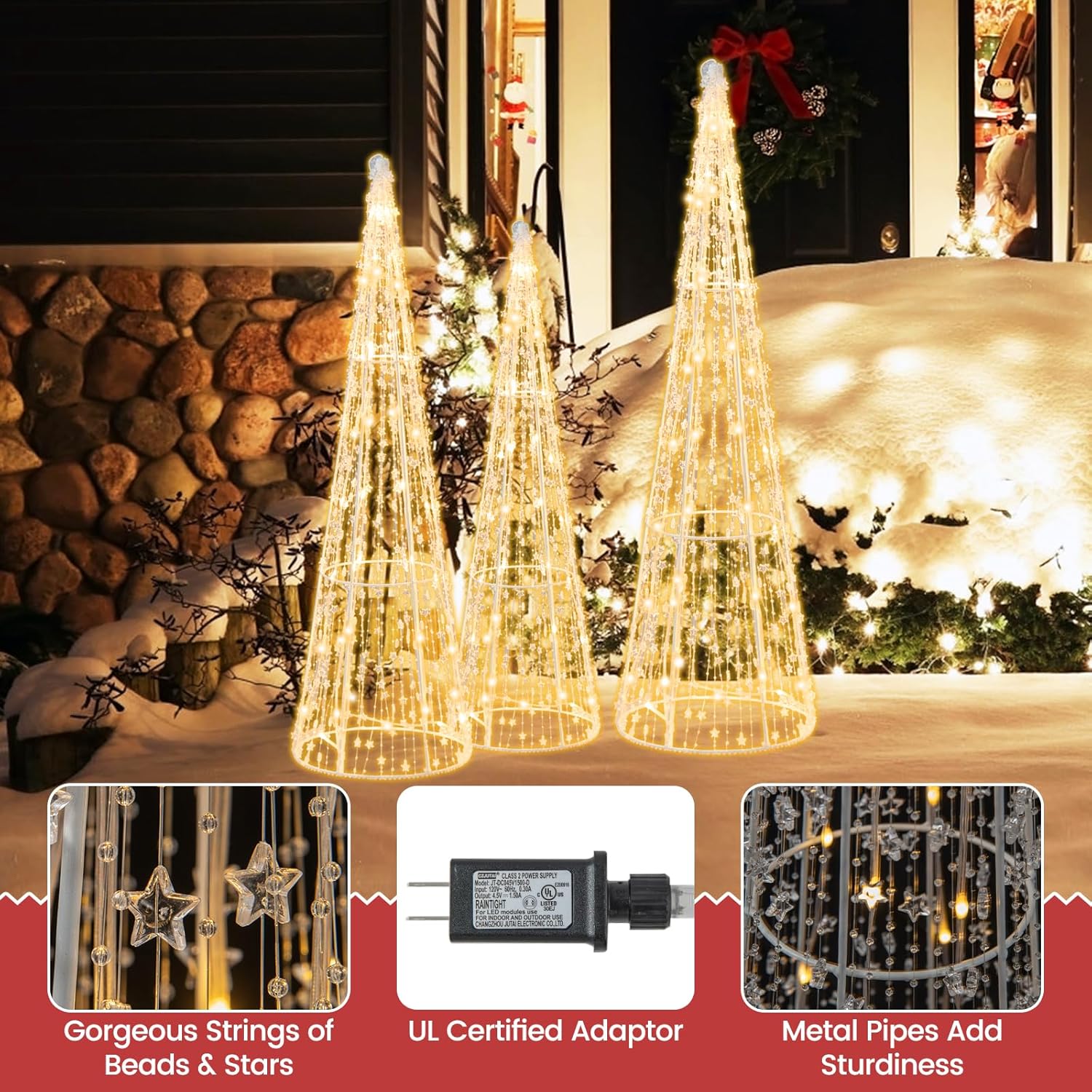 Tangkula Juego de 3 árboles de cono de Navidad iluminados, juego de árbol cónico decorativo de Navidad con cuerdas de estrellas, 90 luces LED