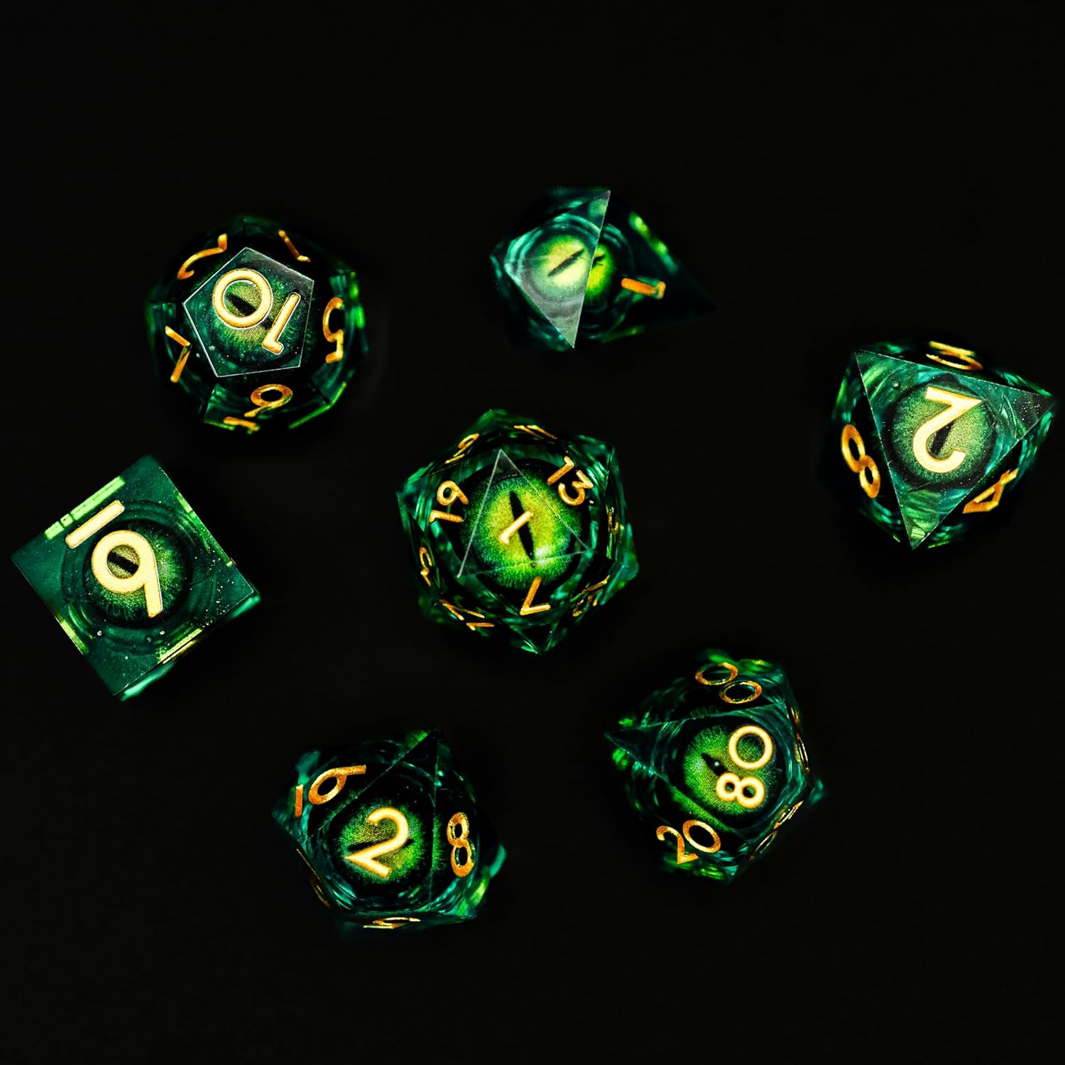 Dados DND de núcleo líquido, un juego completo de dados líquidos D&D con bolsa de terciopelo para juego de mazmorras y dragones (líquido de ojo de