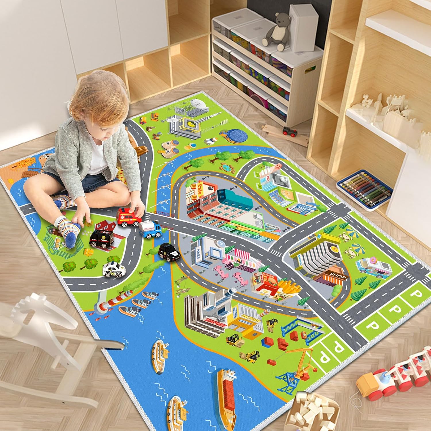 Alfombra de juegos para niños, alfombra de carretera para automóviles de juguete para niños, alfombra de automóvil para sala de juegos, alfombra de