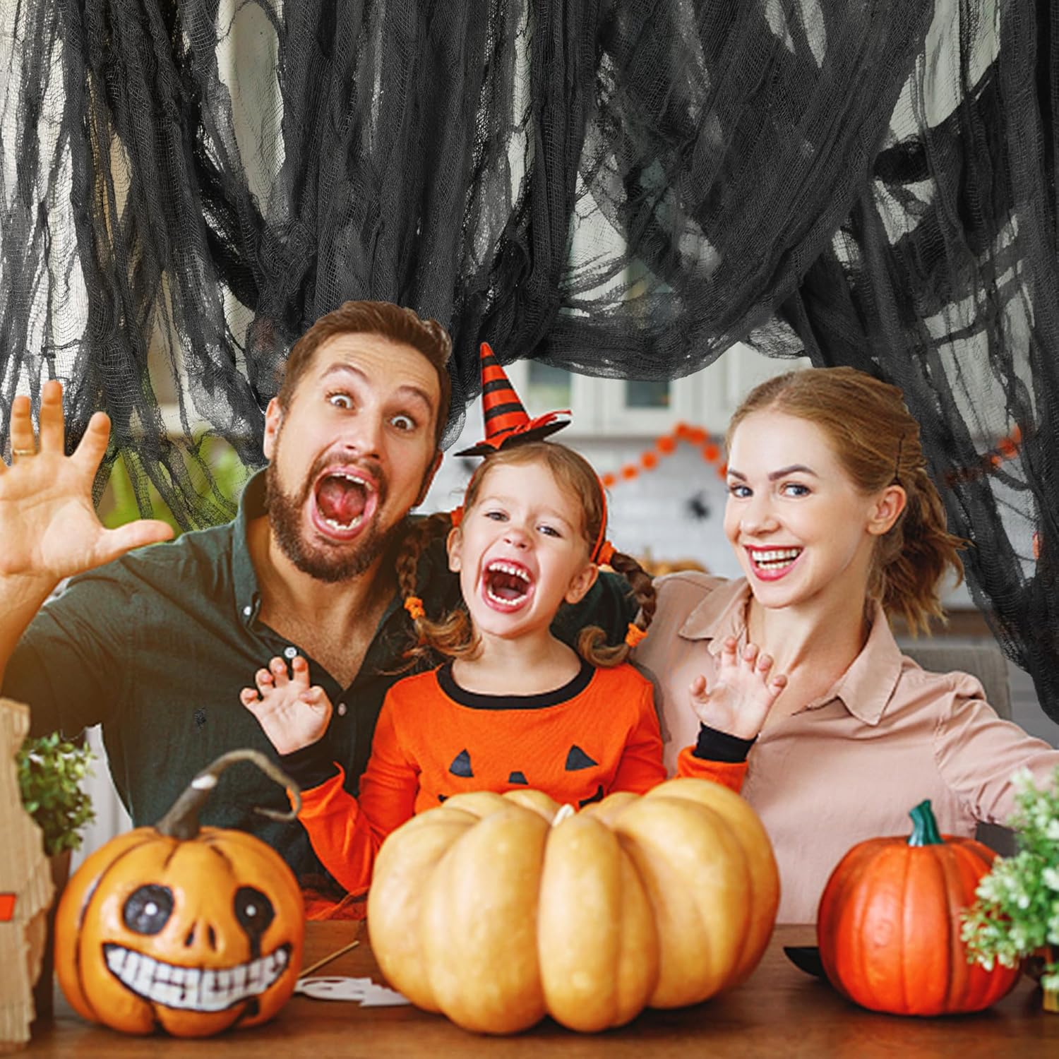 Tela espeluznante de Halloween de 315 x 84.6 pulgadas, tela espeluznante negra de Halloween, cubierta de gasa para puertas de ventanas para