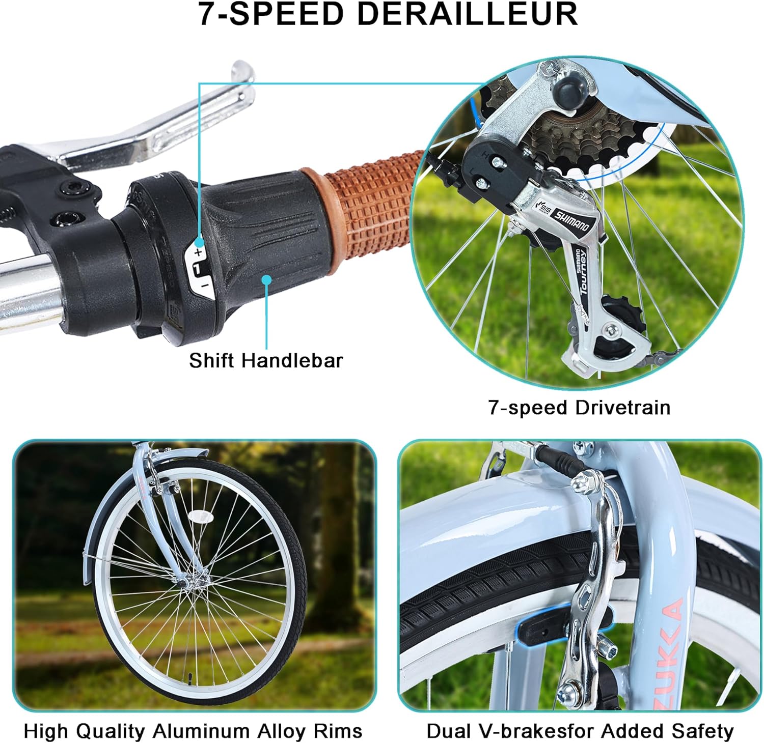 Bicicleta de playa de 26 pulgadas para mujer, bicicleta de viaje de 7 velocidades con asiento ajustable y frenos en V duales