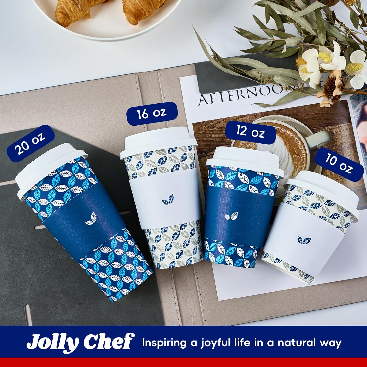 JOLLY CHEF Paquete de 100 tazas de café de papel de 10 onzas, vasos desechables de papel impreso con tapas, fundas y agitadores para el hogar,