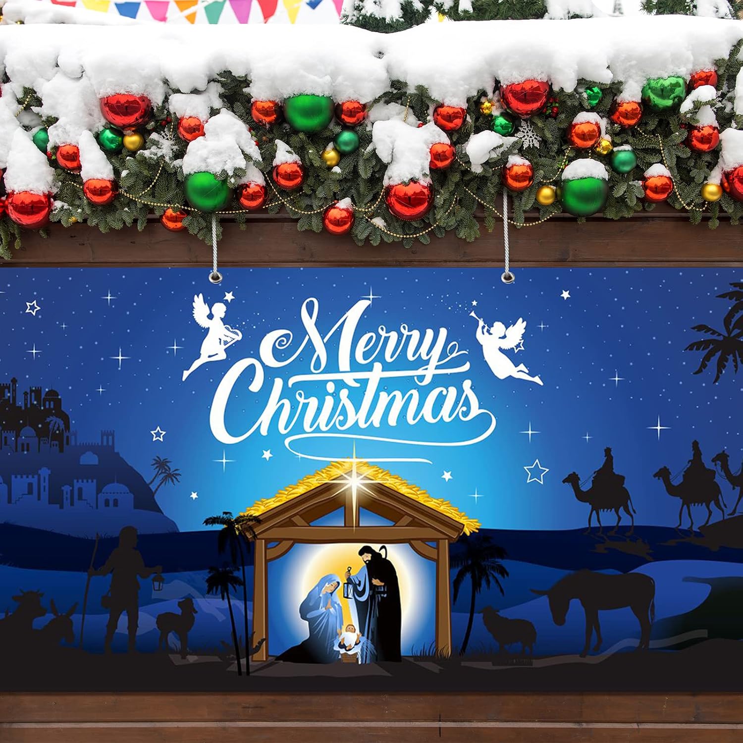 Decoración para puerta de garaje de Navidad de 6 x 13 pies, telón de fondo de tela extra grande, telón de fondo de cabina de fotos, letrero de patio