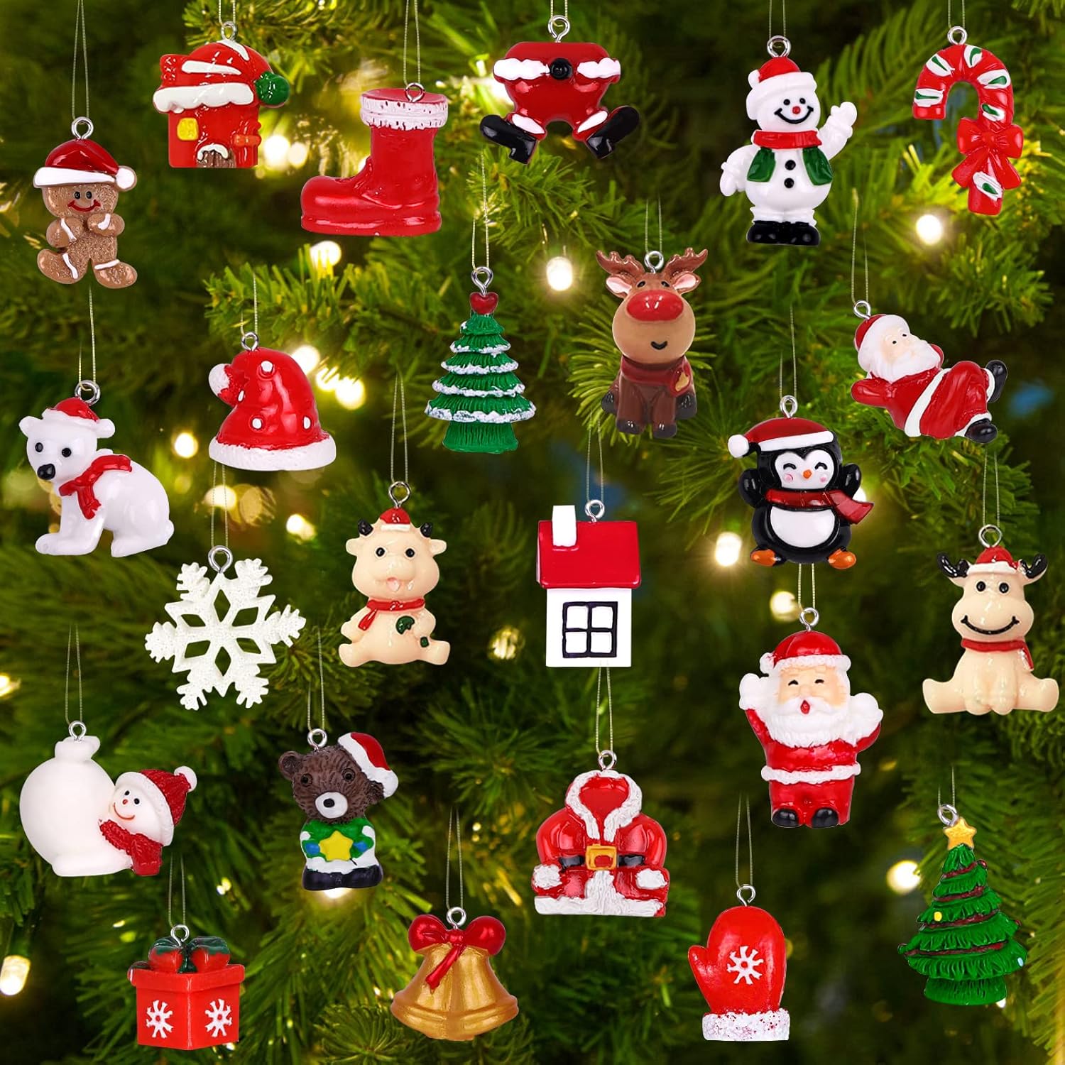 YUJUN Juego de 24 mini adornos de Navidad de resina para decoración de árbol de Navidad, pequeñas figuras en miniatura de resina 3D para decoración