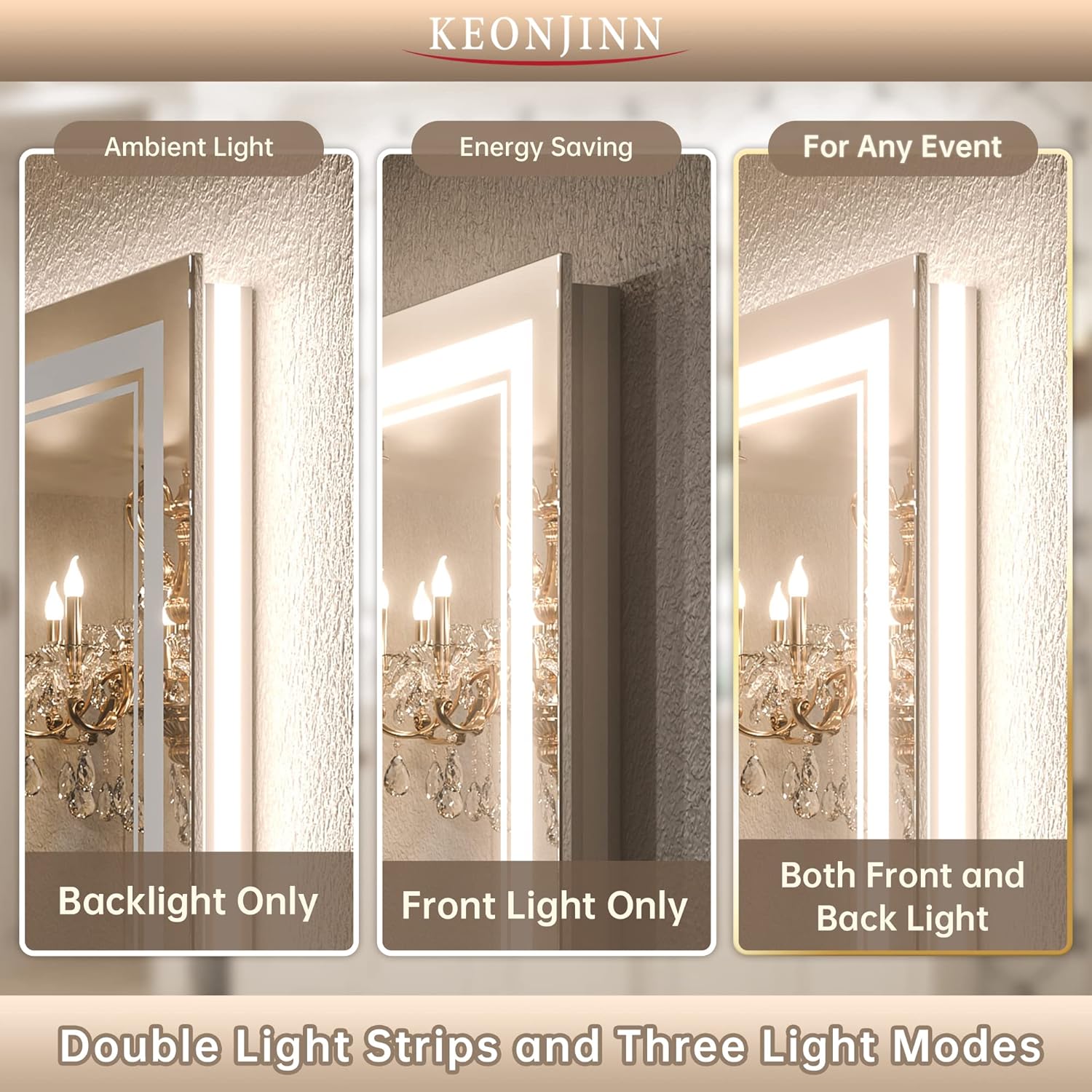 Keonjinn Espejo de baño LED de 24 x 32 pulgadas con luz frontal y retroiluminada, 3 colores de temperatura y espejo de tocador regulable con luces,