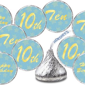 Calcomanías de besos de cumpleaños número 10, diez etiquetas de beso azul para fiesta de cumpleaños de niños, decoraciones de mesa de gotas de Calcomanías de besos de cumpleaños número 10, diez etiquetas de beso azul para fiesta de cumpleaños de niños, decoraciones de mesa de gotas de
