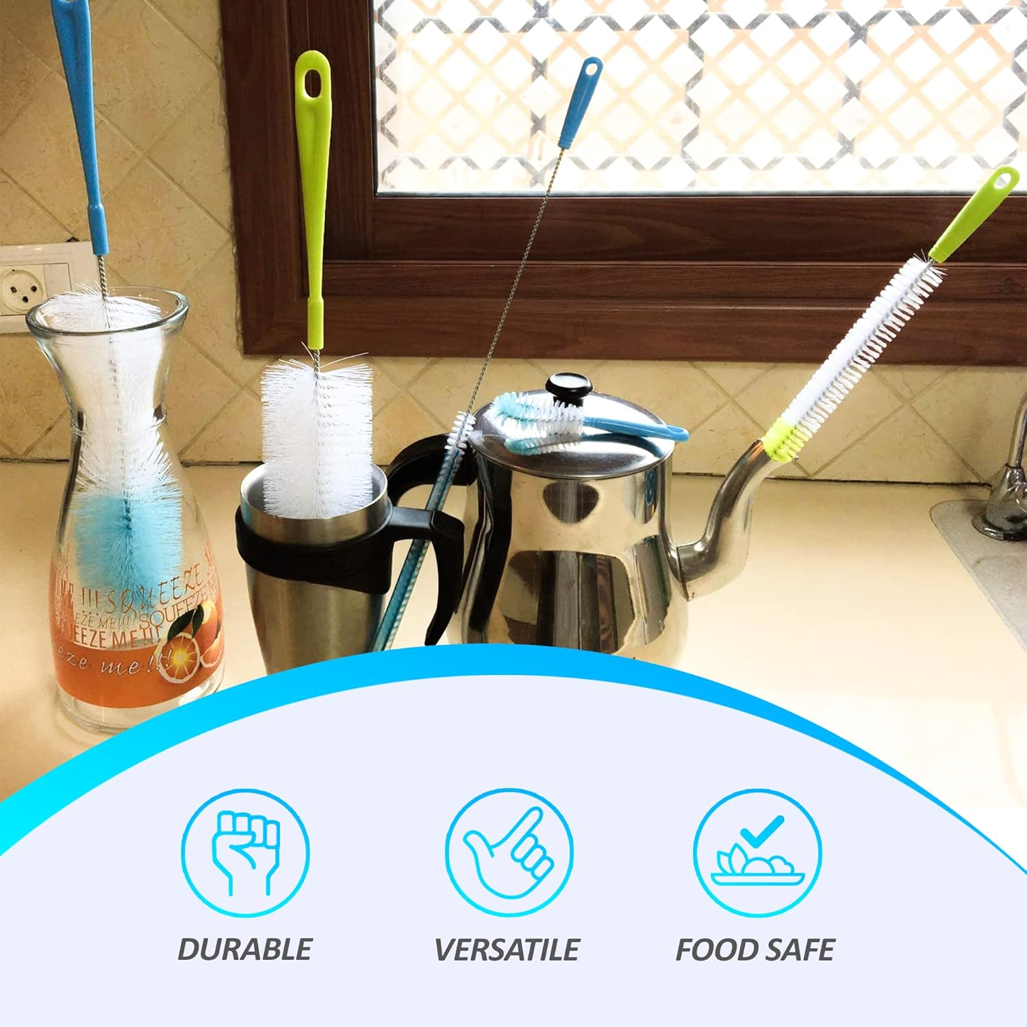 ANDALUS – Juego de 5 cepillos largos para botellas, limpiador de popotes y más, cepillos para botellas de agua, popotes, tapas, para botellas de