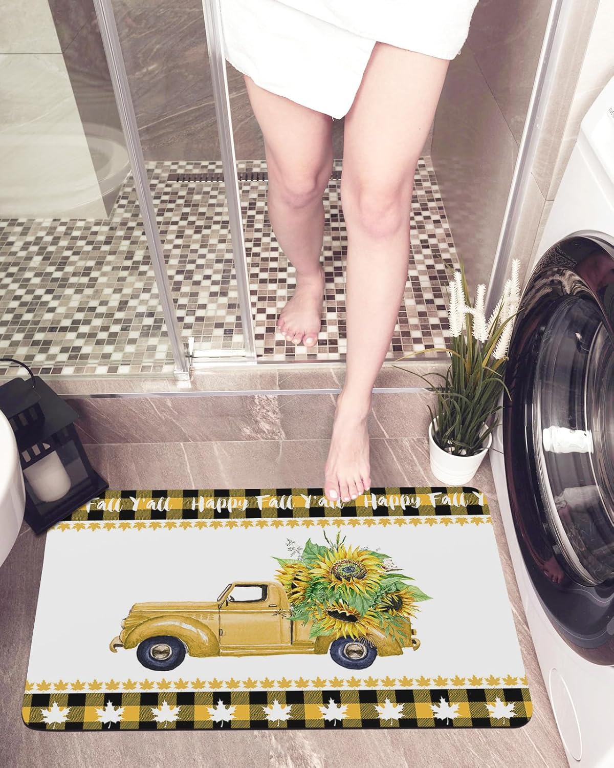 Bath Mat,Thanksgiving Happy Fall Y’all Truck Sunflower Maple Leaf Wooden Yellow Black Plaid Thin Mat Bathroom Quick Dry Rug Entrance Non Slip Rubber