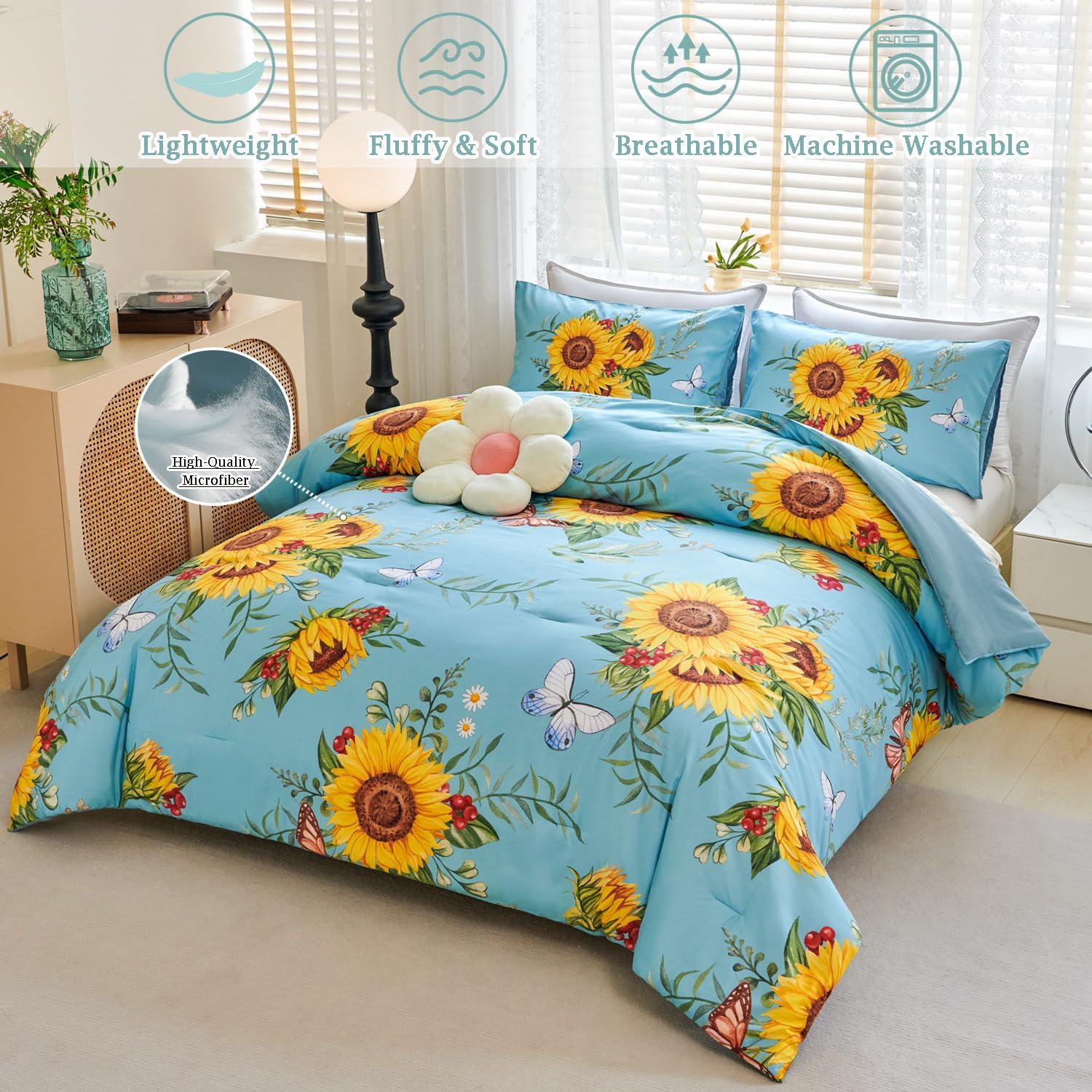 Juego de edredón de girasol azul con mariposa, juego de ropa de cama floral amarillo de 3 piezas, juego de ropa de cama tamaño Queen de granja,