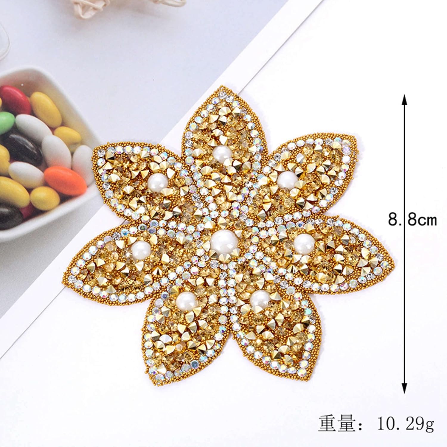 Bonito parche para planchar con perlas de cristal, emblema de diamantes de imitación para mochilas, laptop (dorado)