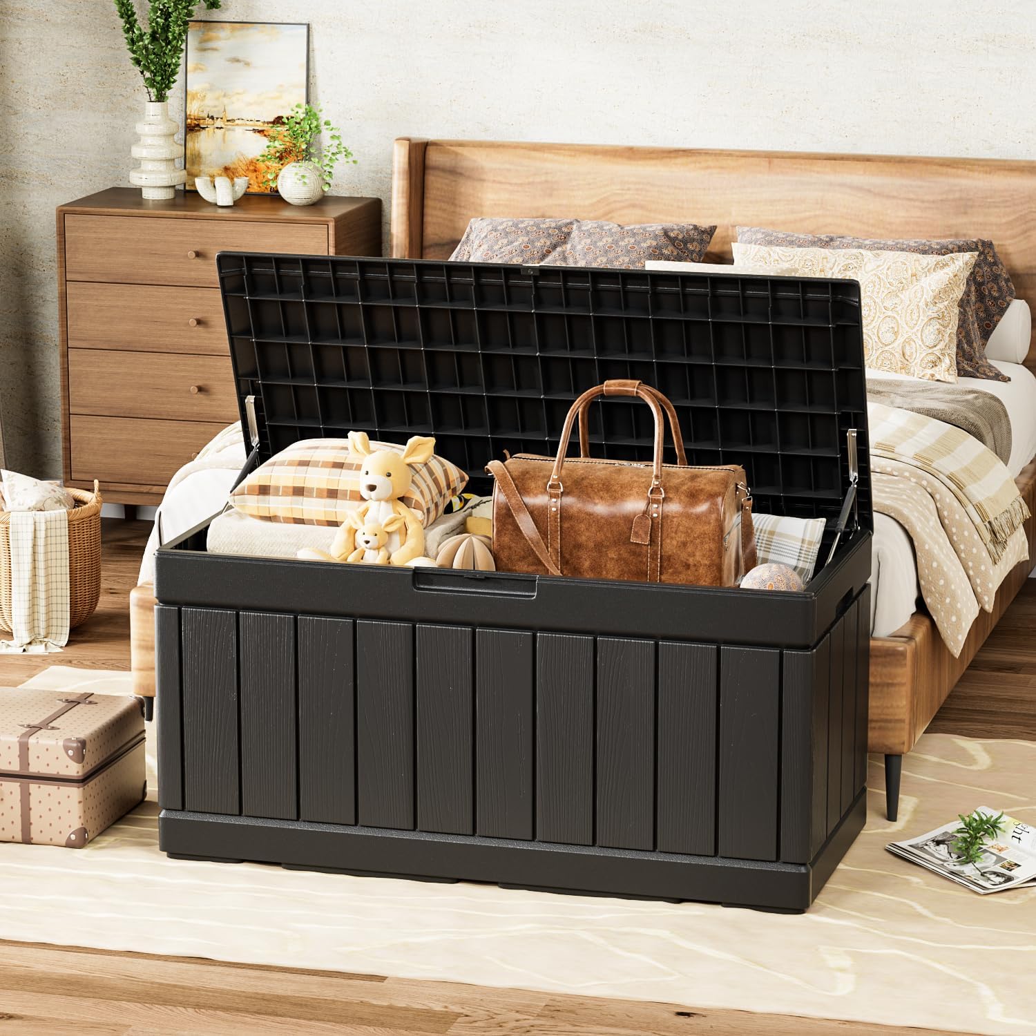 YESHOMY Baúl de almacenamiento, banco de zapatos de resina para entrada con soporte hidráulico, tapa abatible, soporte lateral, soporta 450 libras,