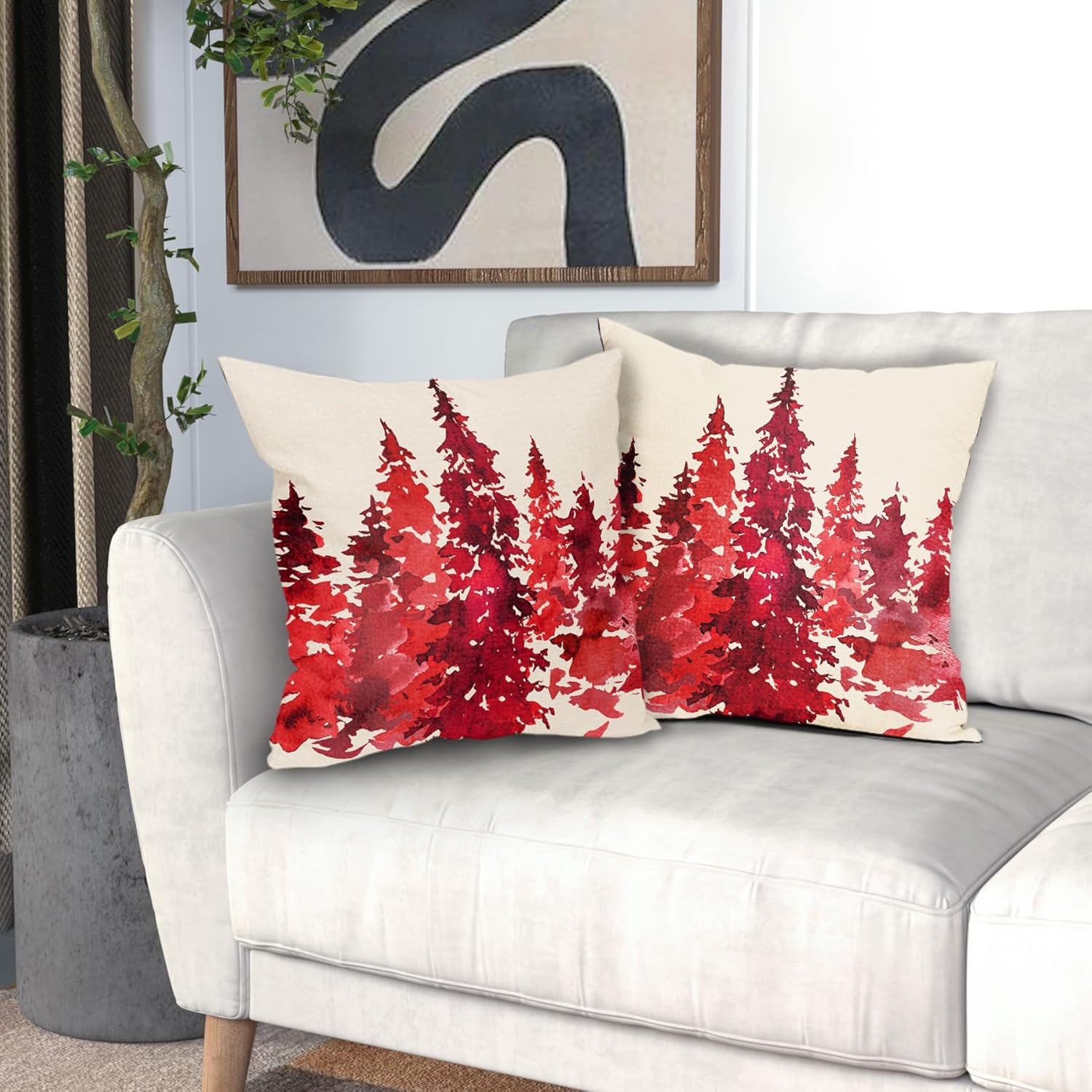 Juego de 2 fundas de almohada de árbol rojo acuarela de 18 x 18 pulgadas, fundas de almohada decorativas de Navidad con temática de naturaleza,