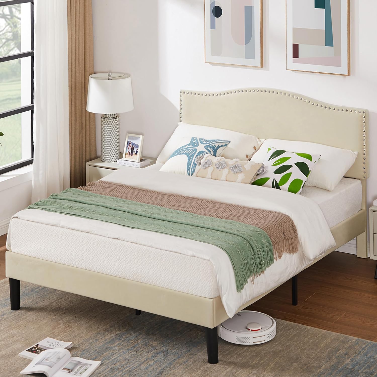 VECELO Base de cama Queen con cabecera tapizada, marco fuerte y soporte de listones de madera, fuerte capacidad de peso, antideslizante y sin ruido,