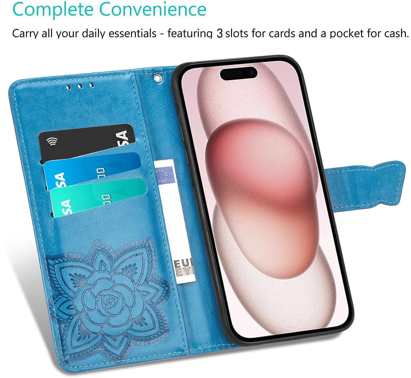 Funda tipo cartera para iPhone 15 Plus, con estampado de mariposas y flores en relieve, piel de primera calidad, con ranuras para tarjetas, funda