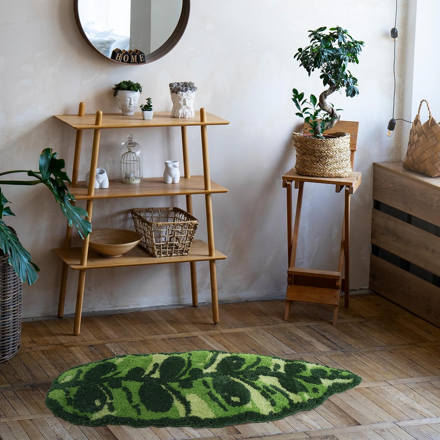 Alfombra verde para pasillo de cocina, antideslizante, con hojas divertidas, larga, suave, copetuda, tropical para baño, dormitorio, cuarto de