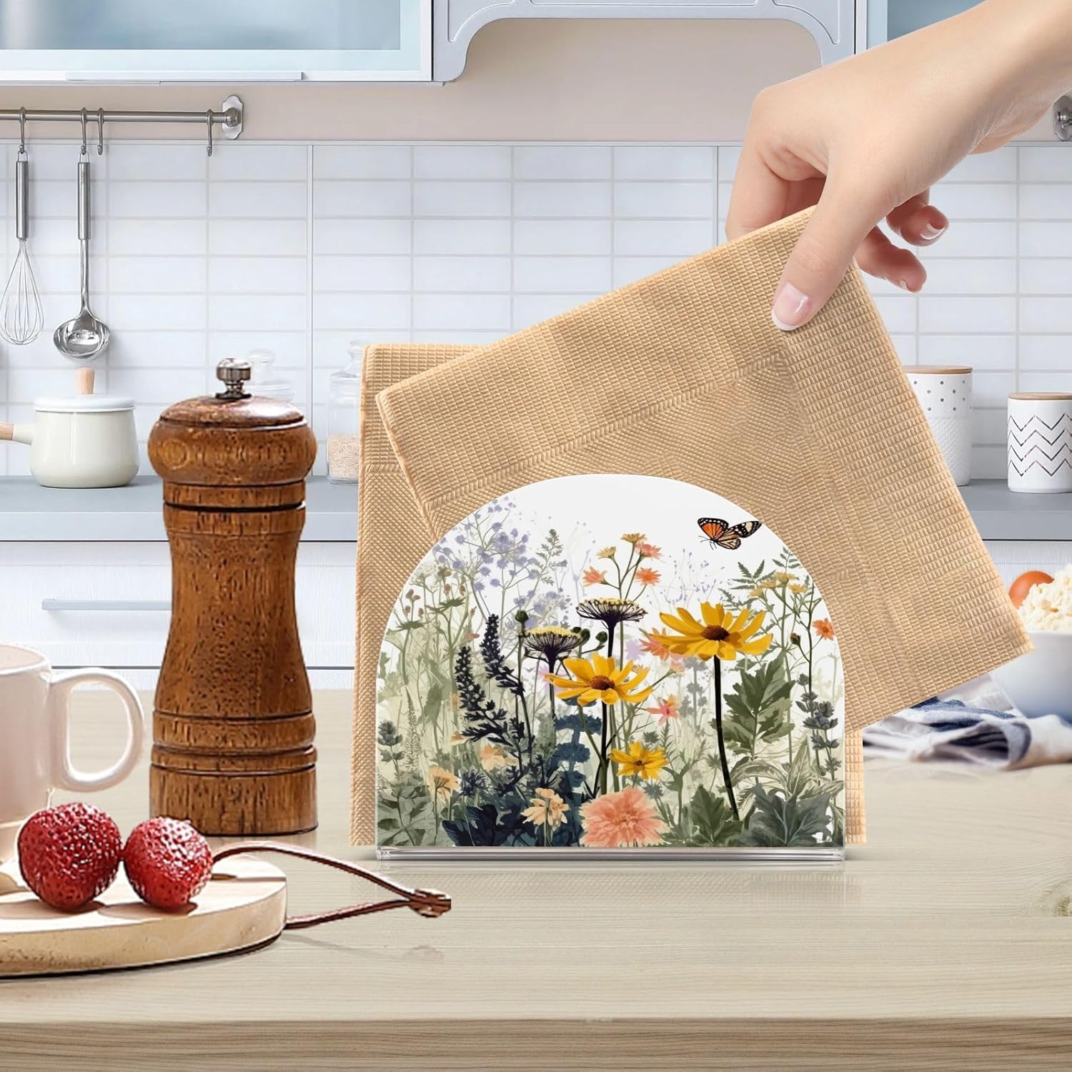 Napkin Holder Wildflowers and Butterfly Napkin Holders for Tables, Clear Acrylic Napkin Holders Cocktail Napkin Holder for Kitchen Restaurant Bar