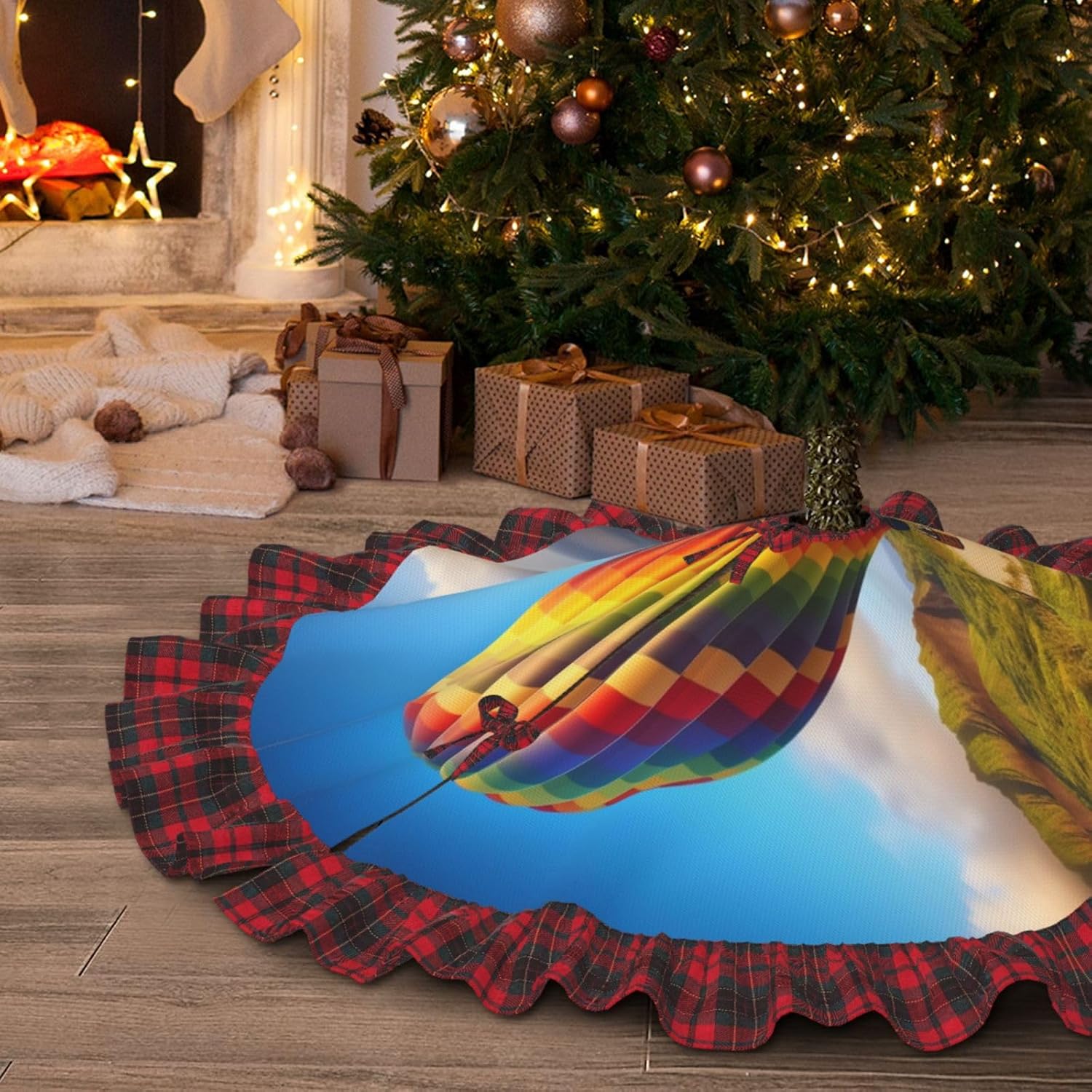 Falda de árbol de Navidad con globos aerostáticos de Hawái, con cordones, a cuadros, vintage, para decoración de árbol de Navidad, fiesta de