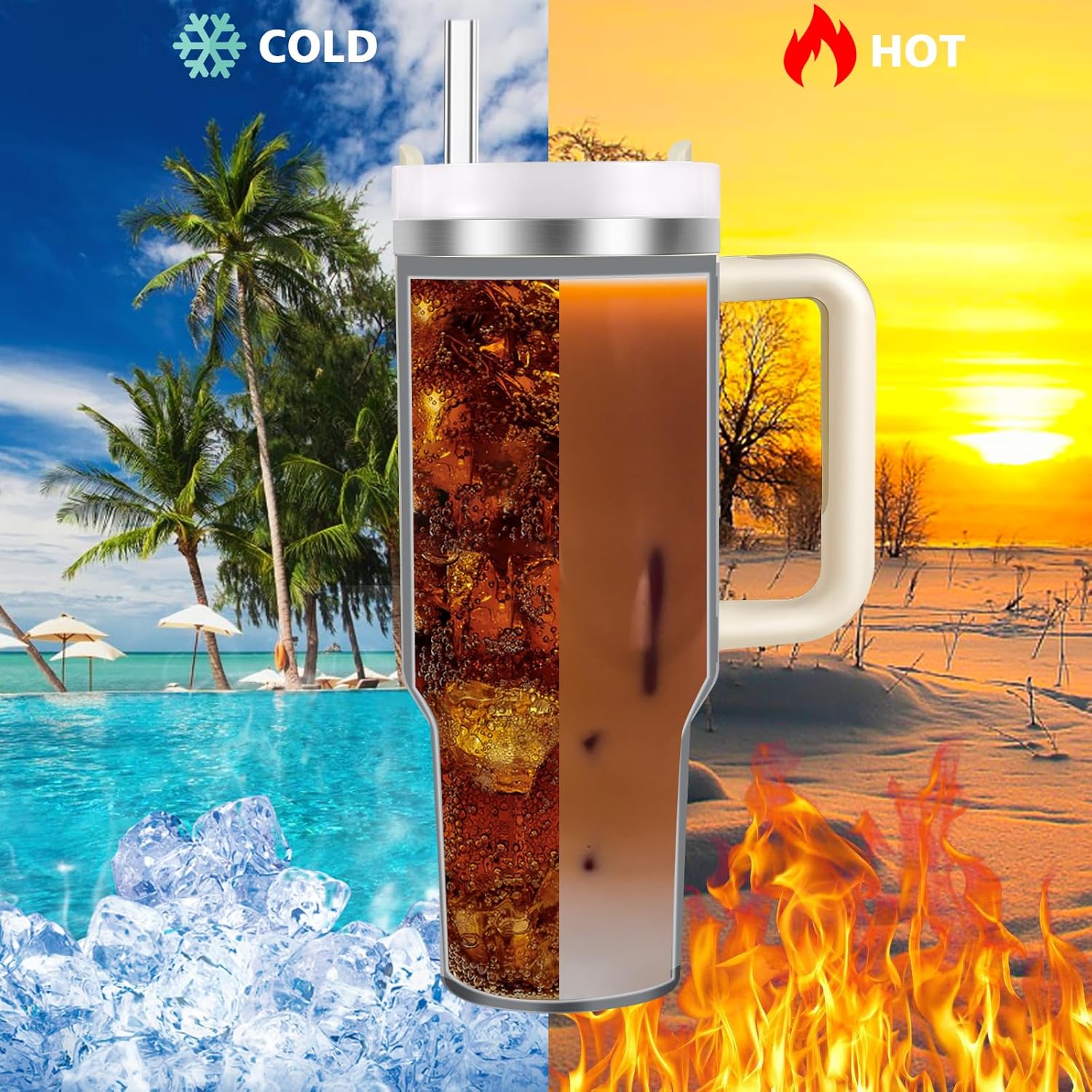 Vaso aislado al vacío de acero inoxidable de 40 onzas con tapa y popote para agua, batidos y más, té helado o café (crema)