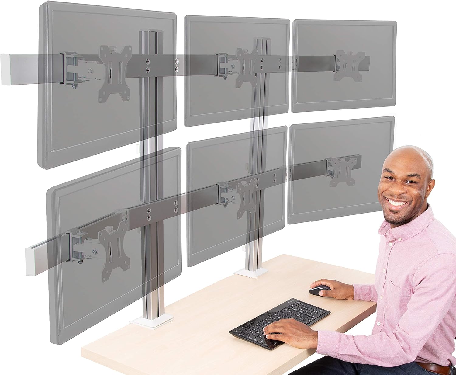 Stand Steady Configuración de escritorio para 6 monitores, soporte de monitor ajustable en altura resistente, brazo giratorio con base de