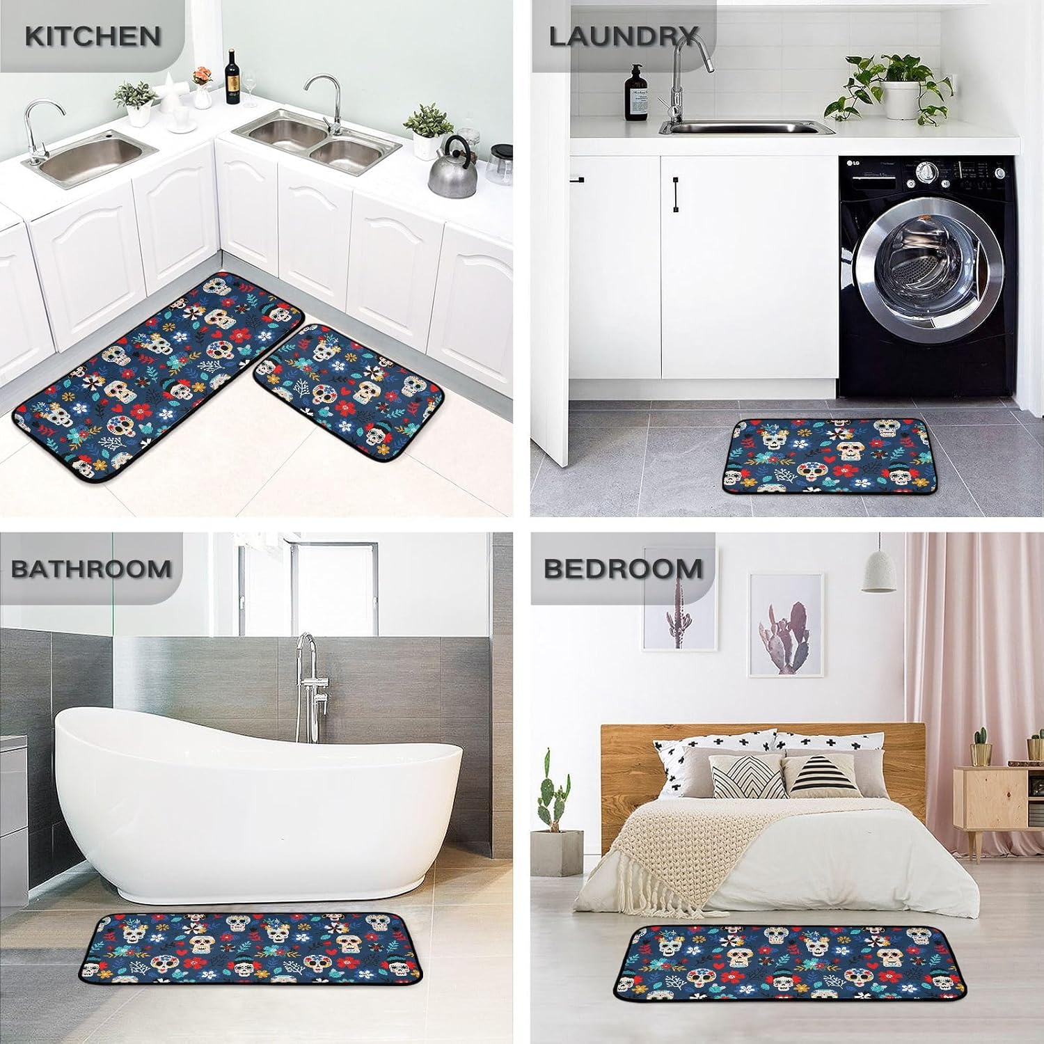 Exnundod Tapetes de cocina con diseño de calaveras mexicanas, diseño de calaveras de flores, alfombra de corredor lavable antideslizante con parte