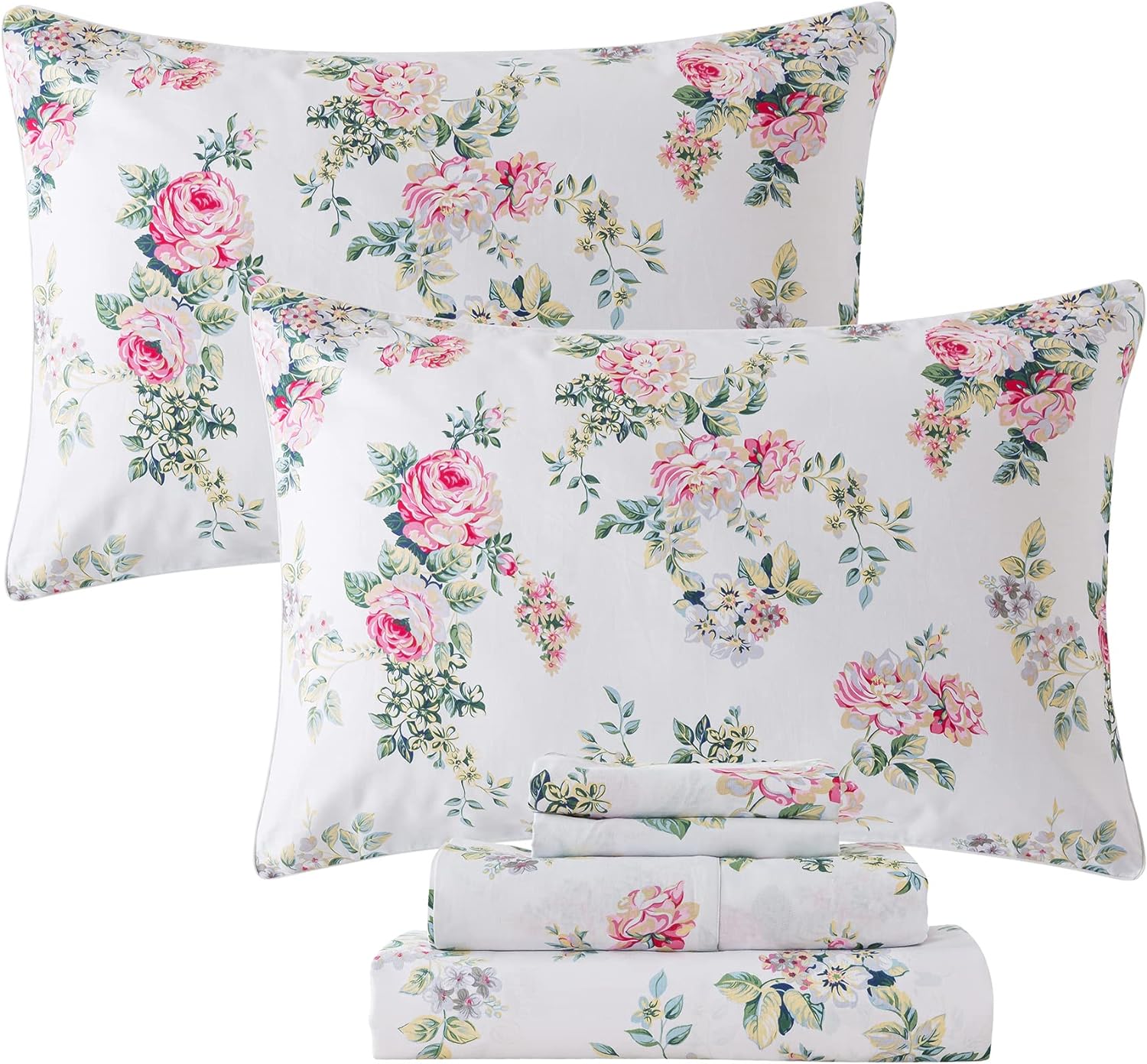 FADFAY Sheets Set Cal King Pink Rose Floral Bedding Shabby Peony Flower Bed Sheet Set Vintage Farmhouse Bedding 100% Cotton Breathable Bedding with