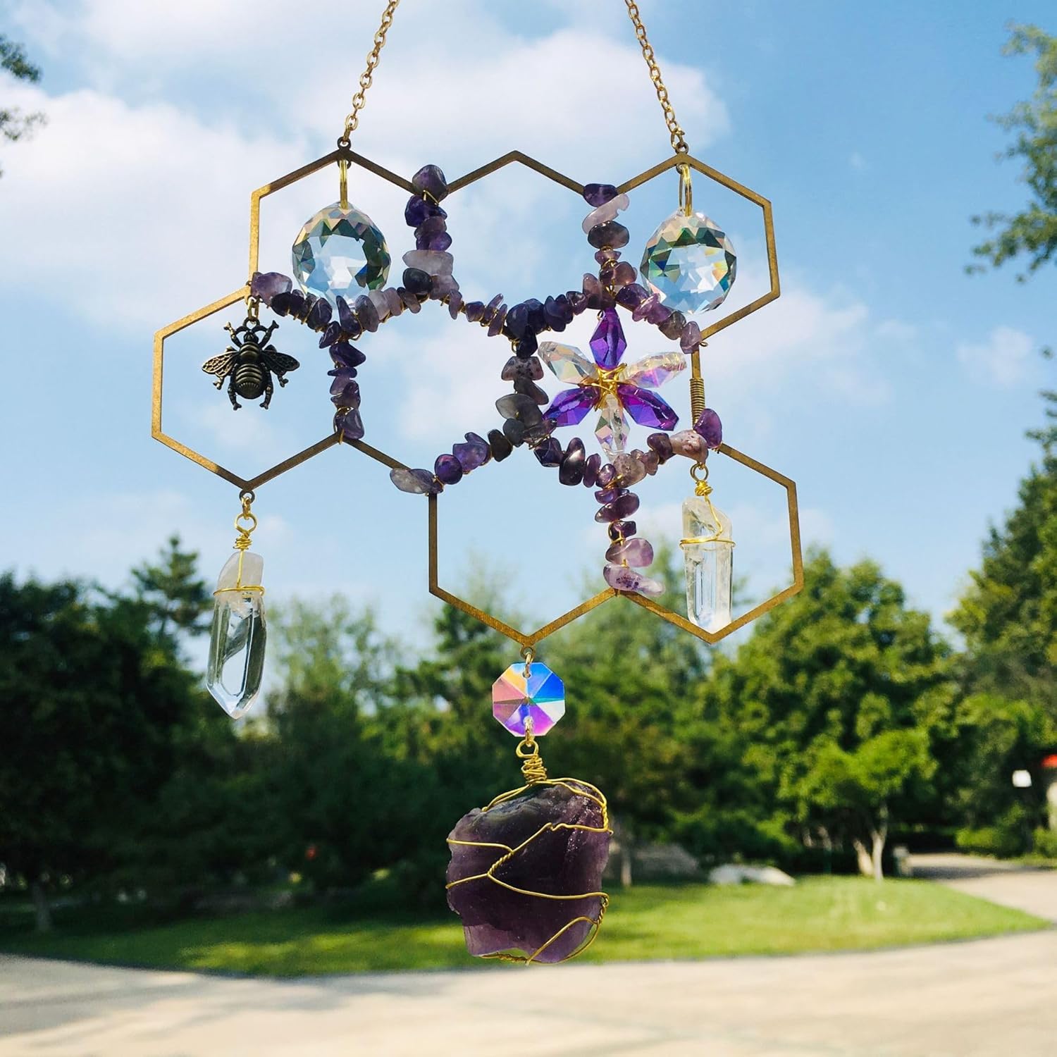 Atrapasoles de cristales para colgar en la ventana, diseño de panal de abejorros, hecho a mano, para el hogar, interior, exterior, jardín, adorno de