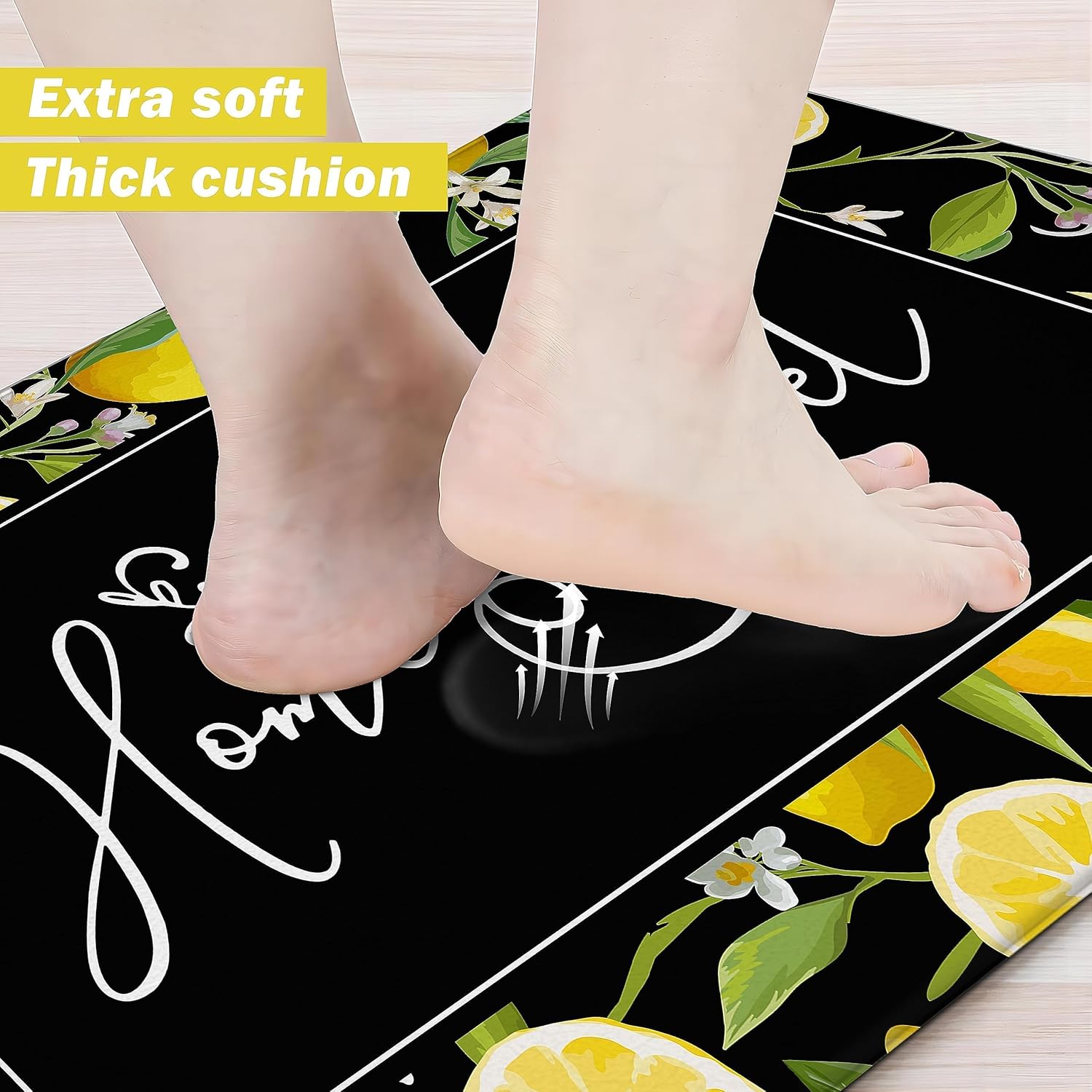chiinvent Lemon – Juego de 2 tapetes de cocina antifatiga para piso, color negro, amarillo, antideslizantes, lavables, juego de 2 tapetes acolchados