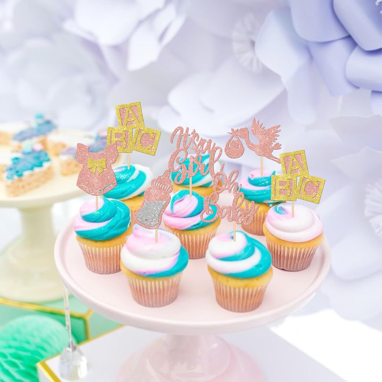 30 piezas de decoración de cupcakes para baby shower, vestido con lazo con purpurina, biberón para cupcakes “It’s a Girl”, decoración de pasteles
